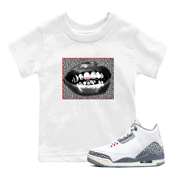 3s Cement Grey shirts to match jordans Grillz Lips sneaker match tees Air Jordan 3 Cement Grey SNRT Sneaker Release Tees Youth Baby White 1 crew neck shirts