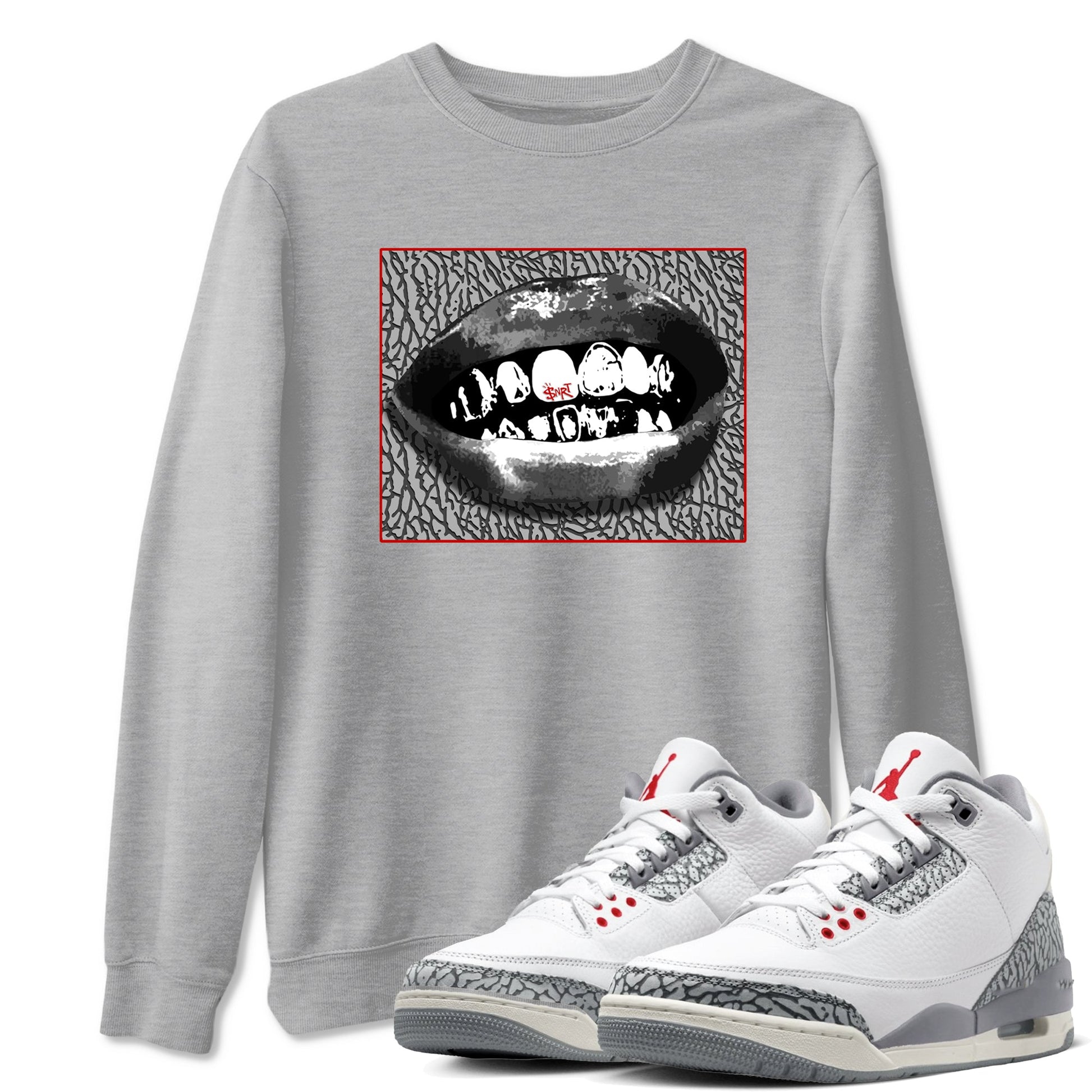 3s Cement Grey shirts to match jordans Grillz Lips sneaker match tees Air Jordan 3 Cement Grey SNRT Sneaker Release Tees unisex cotton Heather Grey 1 crew neck shirts