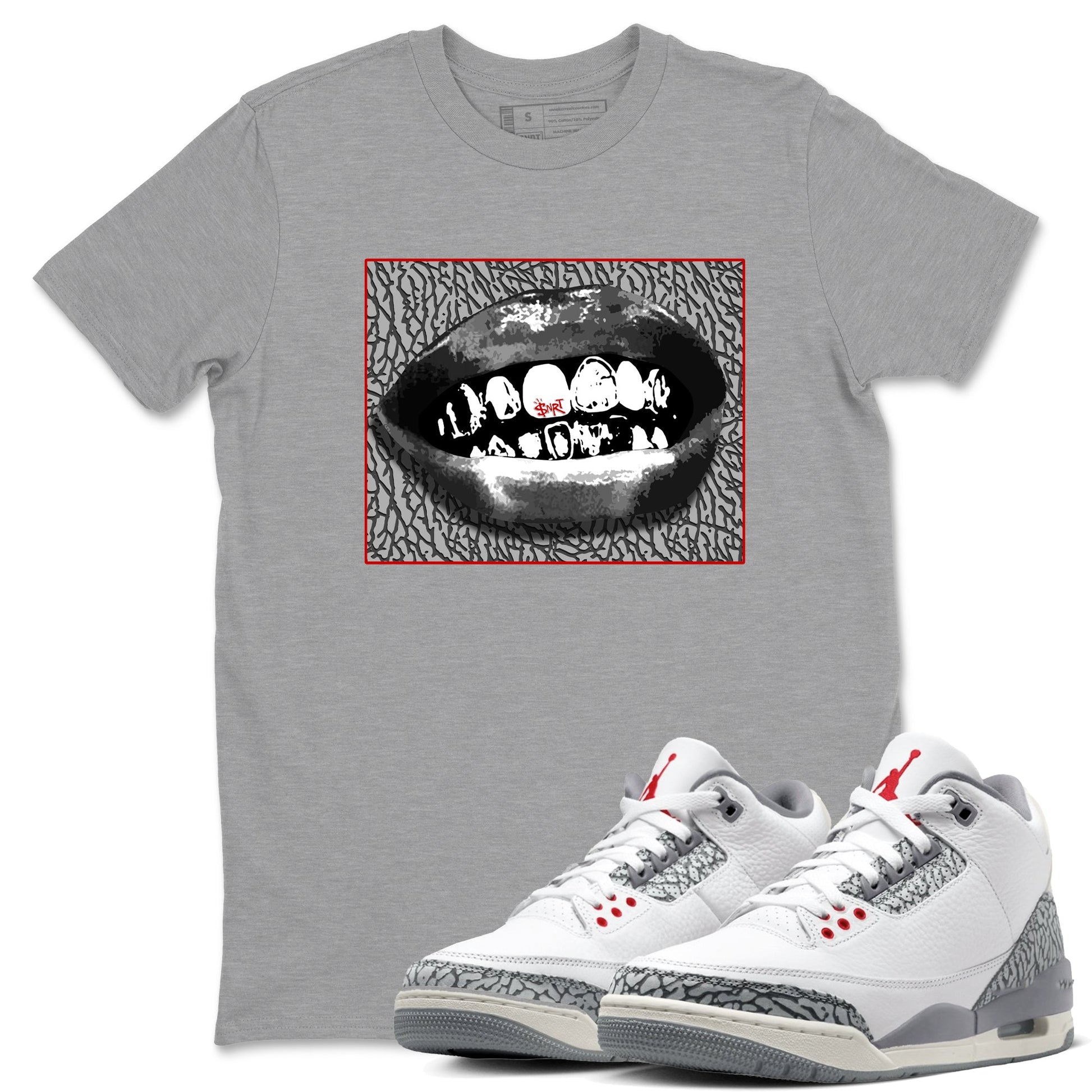 3s Cement Grey shirts to match jordans Grillz Lips sneaker match tees Air Jordan 3 Cement Grey SNRT Sneaker Release Tees unisex cotton Heather Grey 1 crew neck shirts