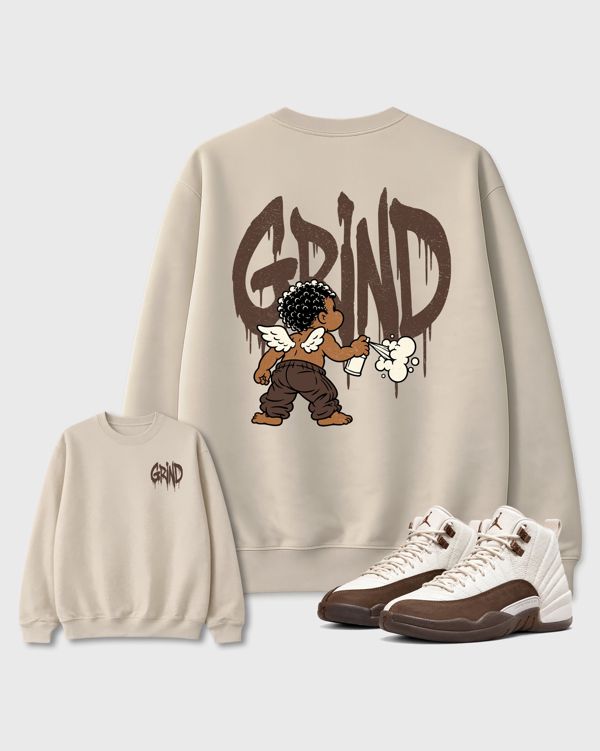 Grind Graffiti Natural Graphic Sweatshirt - 1, a sneaker matching sweatshirt designed to coordinate with Air Jordan 12 Fireside sneakers for a complete sneaker outfit.
