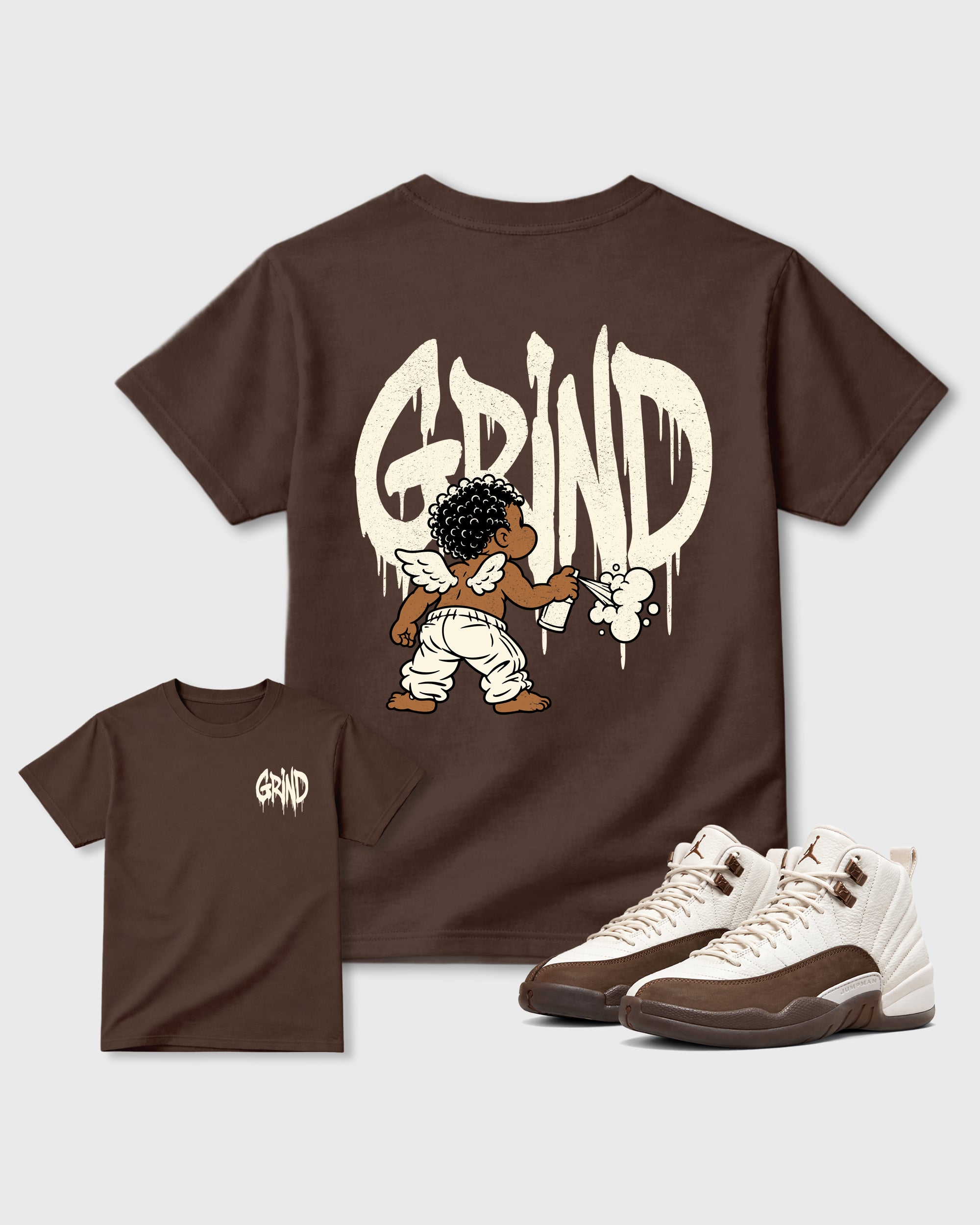 Grind Graffiti Dark Chocolate Graphic T-Shirt - 3, sneaker matching shirt designed to pair with Air Jordan 12 Fireside sneakers for a coordinated streetwear outfit.