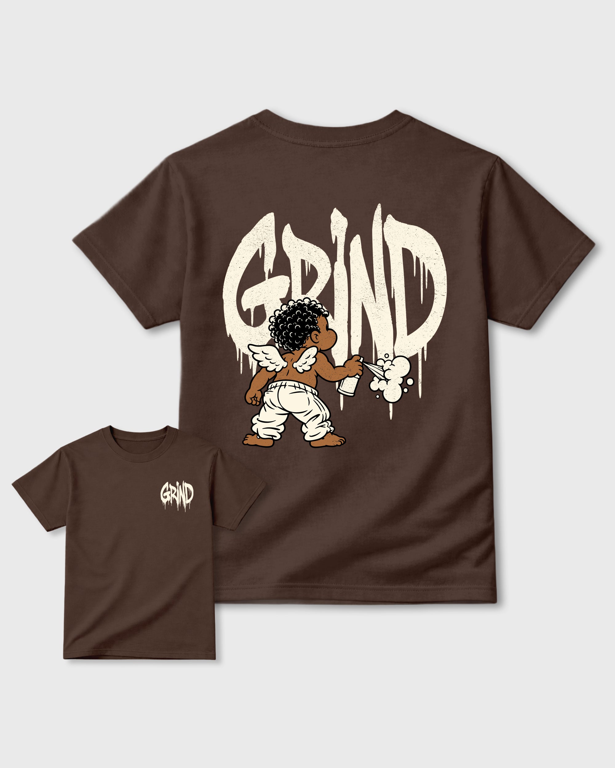 Grind Graffiti Dark Chocolate Graphic T-Shirt - 3, sneaker matching shirt designed to pair with Air Jordan 12 Fireside sneakers for a coordinated streetwear outfit.
