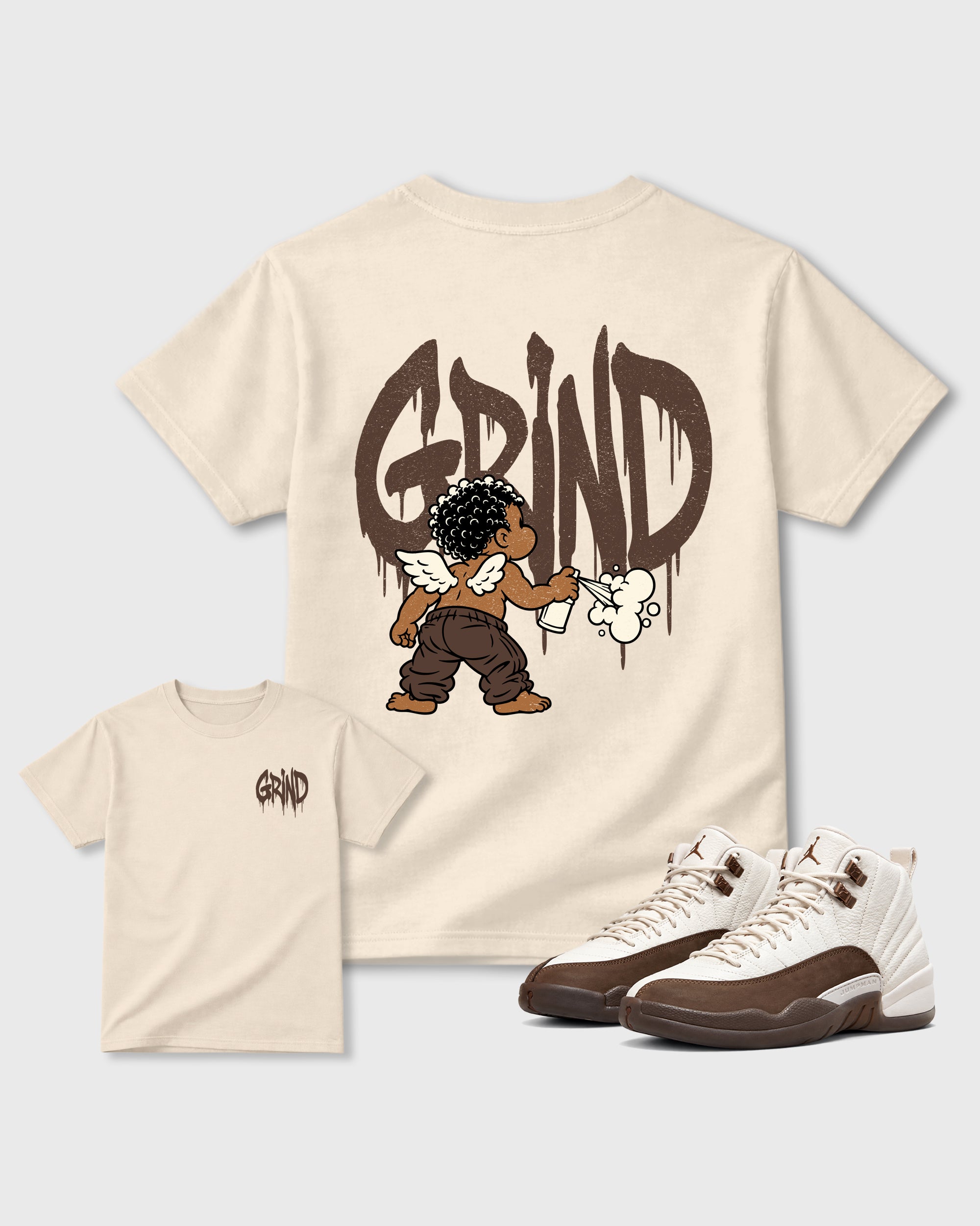 Grind Graffiti Natural Graphic T-Shirt - 1, sneaker matching tee designed to match Air Jordan 12 Fireside sneakers for a coordinated sneaker outfit.