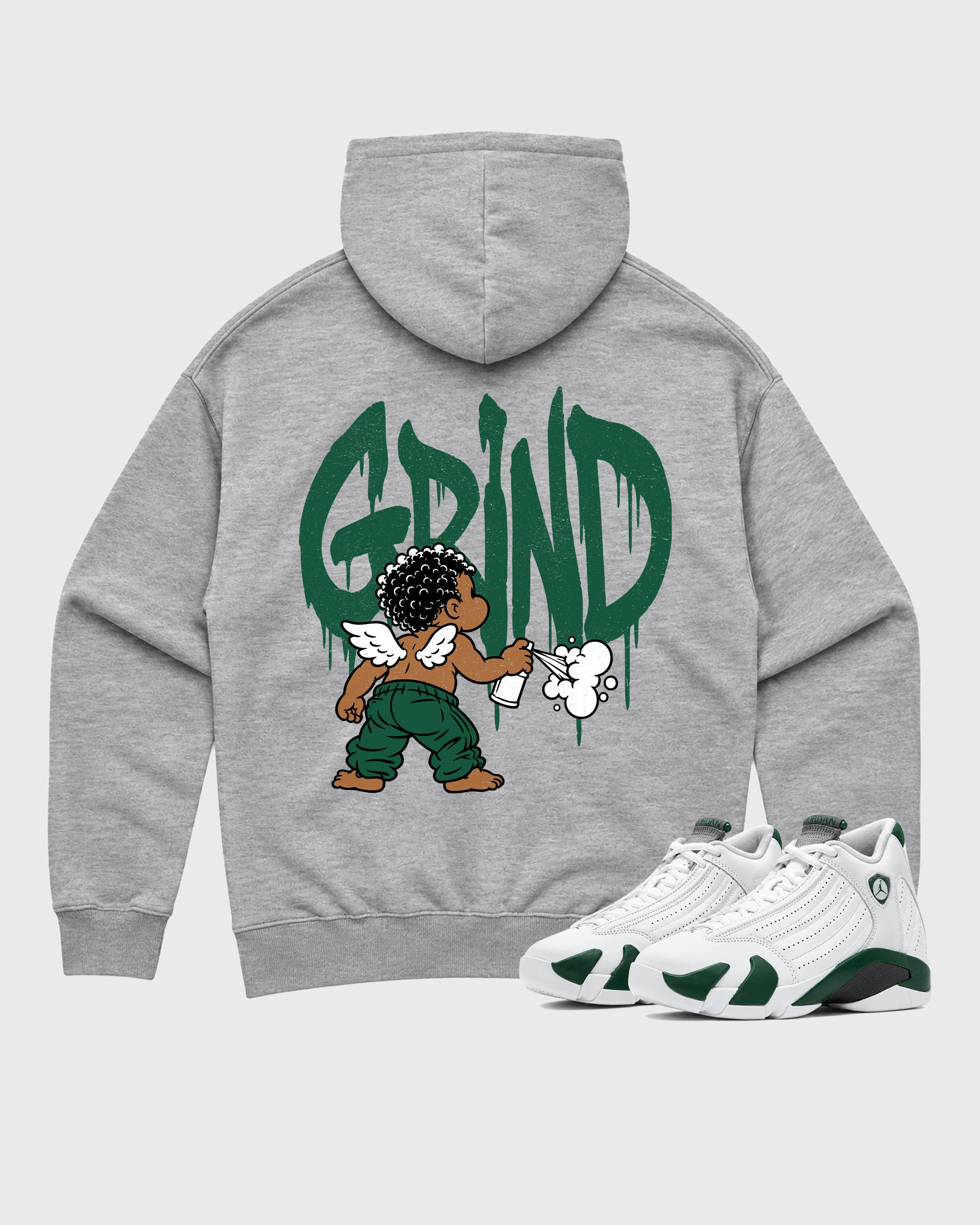 Grind Graffiti Heather Grey Graphic Hoodie - 1, a sneaker matching hoodie designed to pair with AJ14 Forest Green sneakers for a coordinated sneaker outfit.