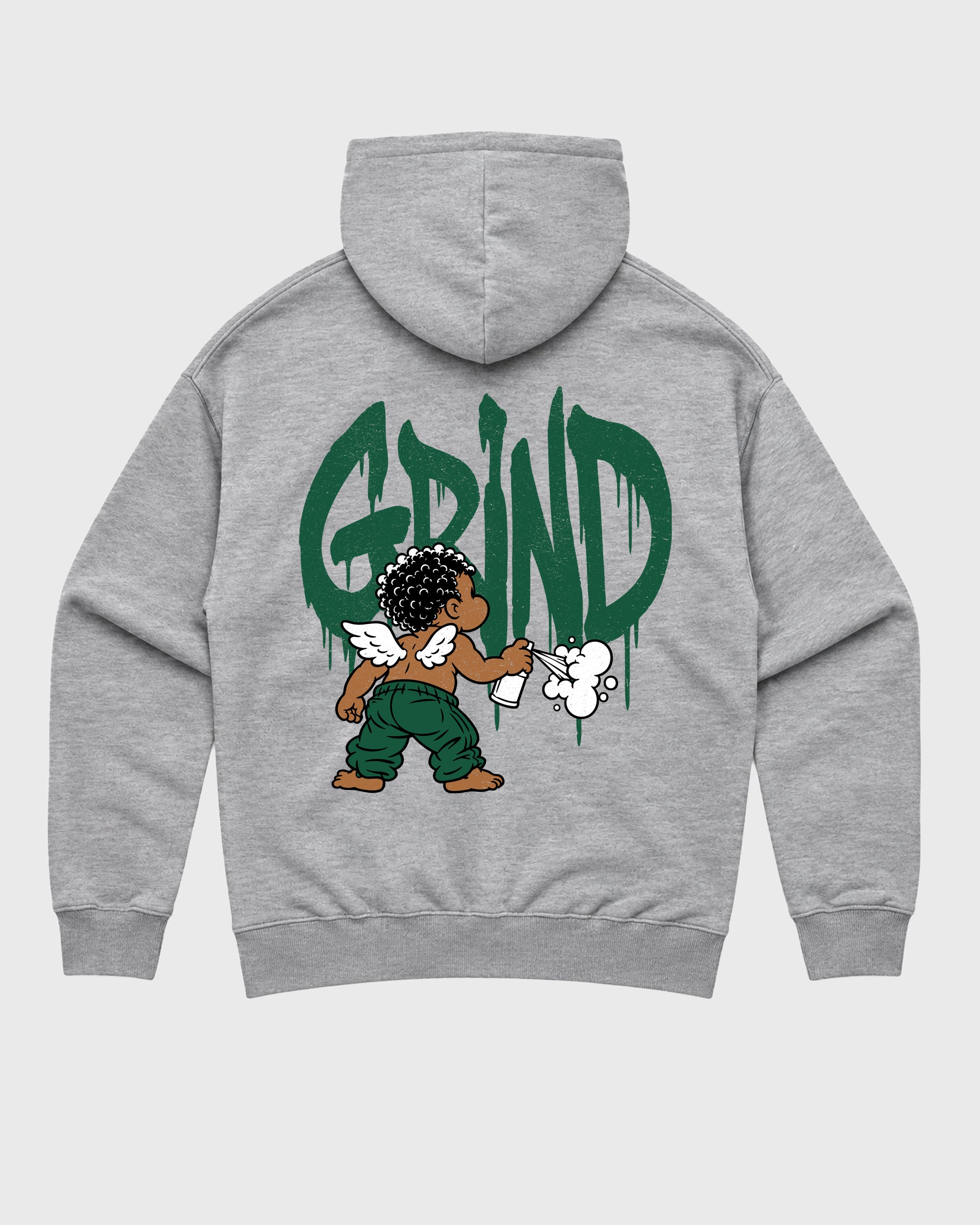 Grind Graffiti Heather Grey Graphic Hoodie - 1, a sneaker matching hoodie designed to pair with AJ14 Forest Green sneakers for a coordinated sneaker outfit.