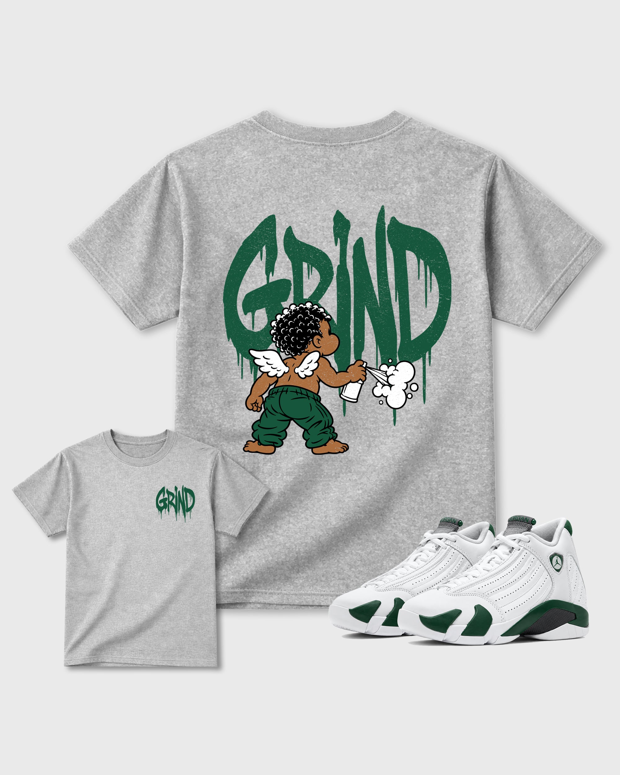 Grind Graffiti Heather Grey Graphic T-Shirt - 3, sneaker matching shirt designed to pair with AJ14 Forest Green sneakers for a coordinated streetwear outfit.