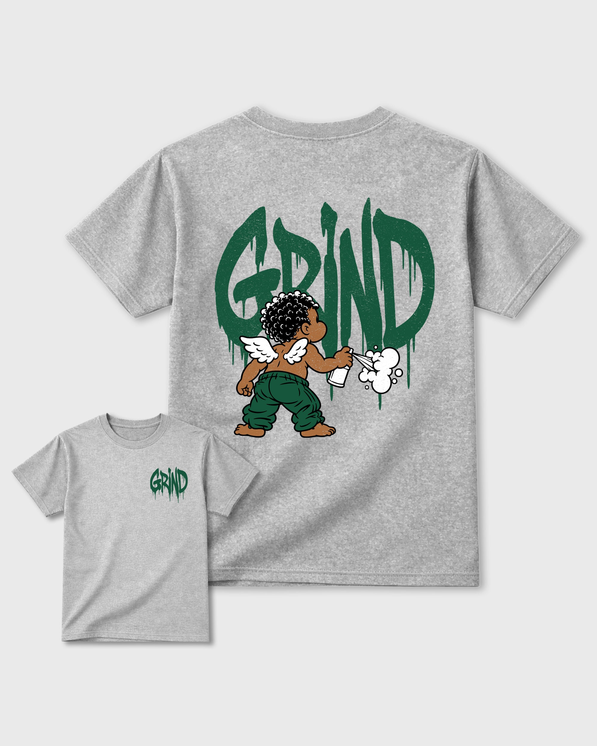 Grind Graffiti Heather Grey Graphic T-Shirt - 3, sneaker matching shirt designed to pair with AJ14 Forest Green sneakers for a coordinated streetwear outfit.