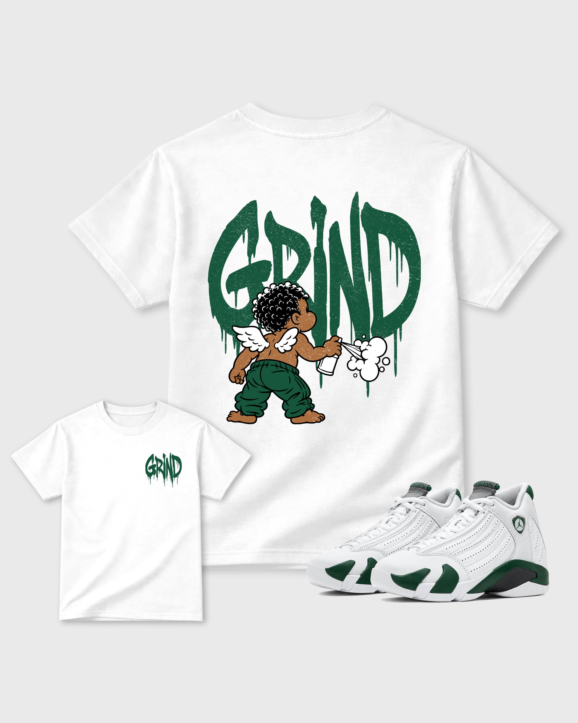 Grind Graffiti White Graphic T-Shirt - 1, sneaker matching tee designed to match AJ14 Forest Green sneakers for a coordinated sneaker outfit.