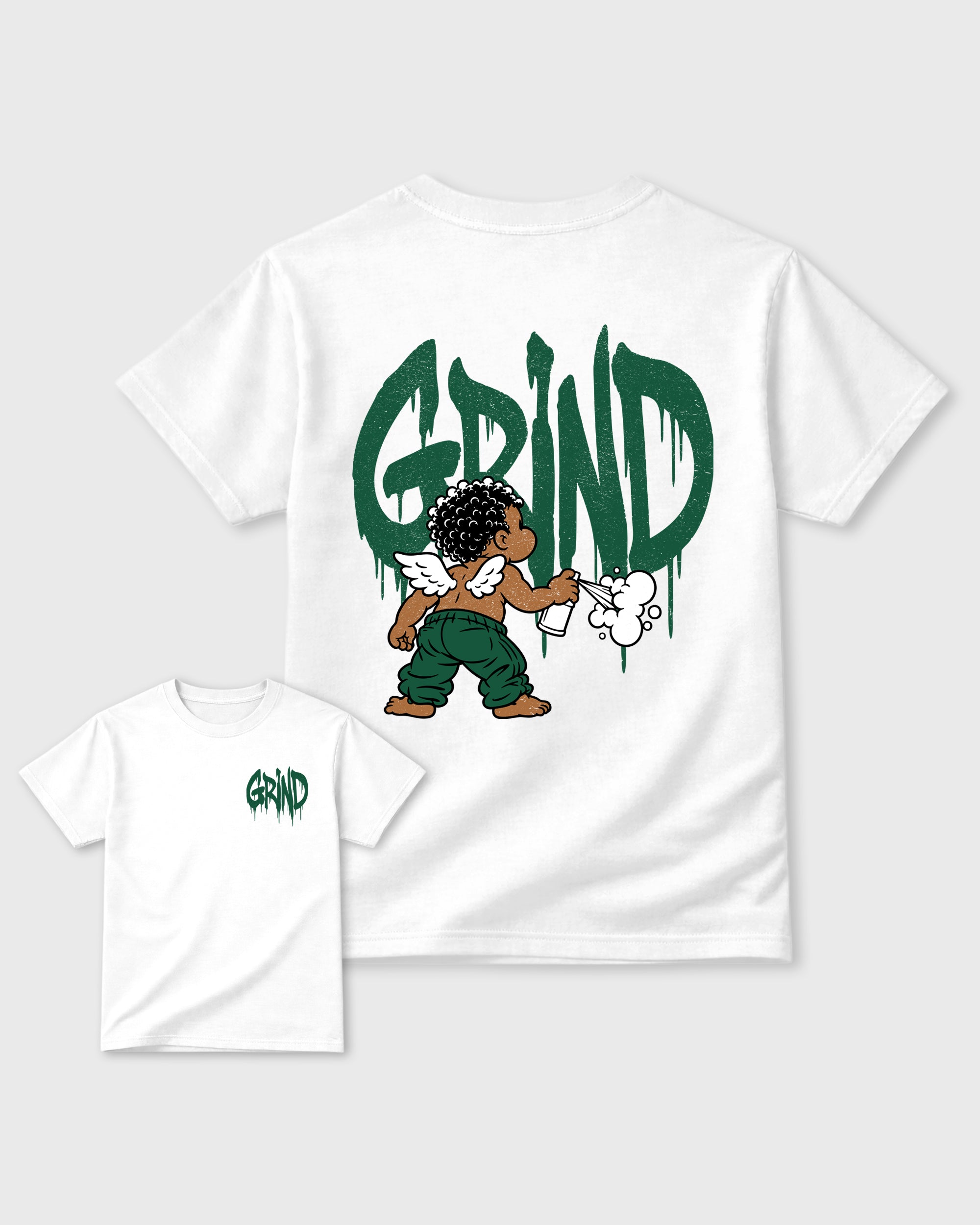 Grind Graffiti White Graphic T-Shirt - 3, sneaker matching shirt designed to pair with AJ14 Forest Green sneakers for a coordinated streetwear outfit.