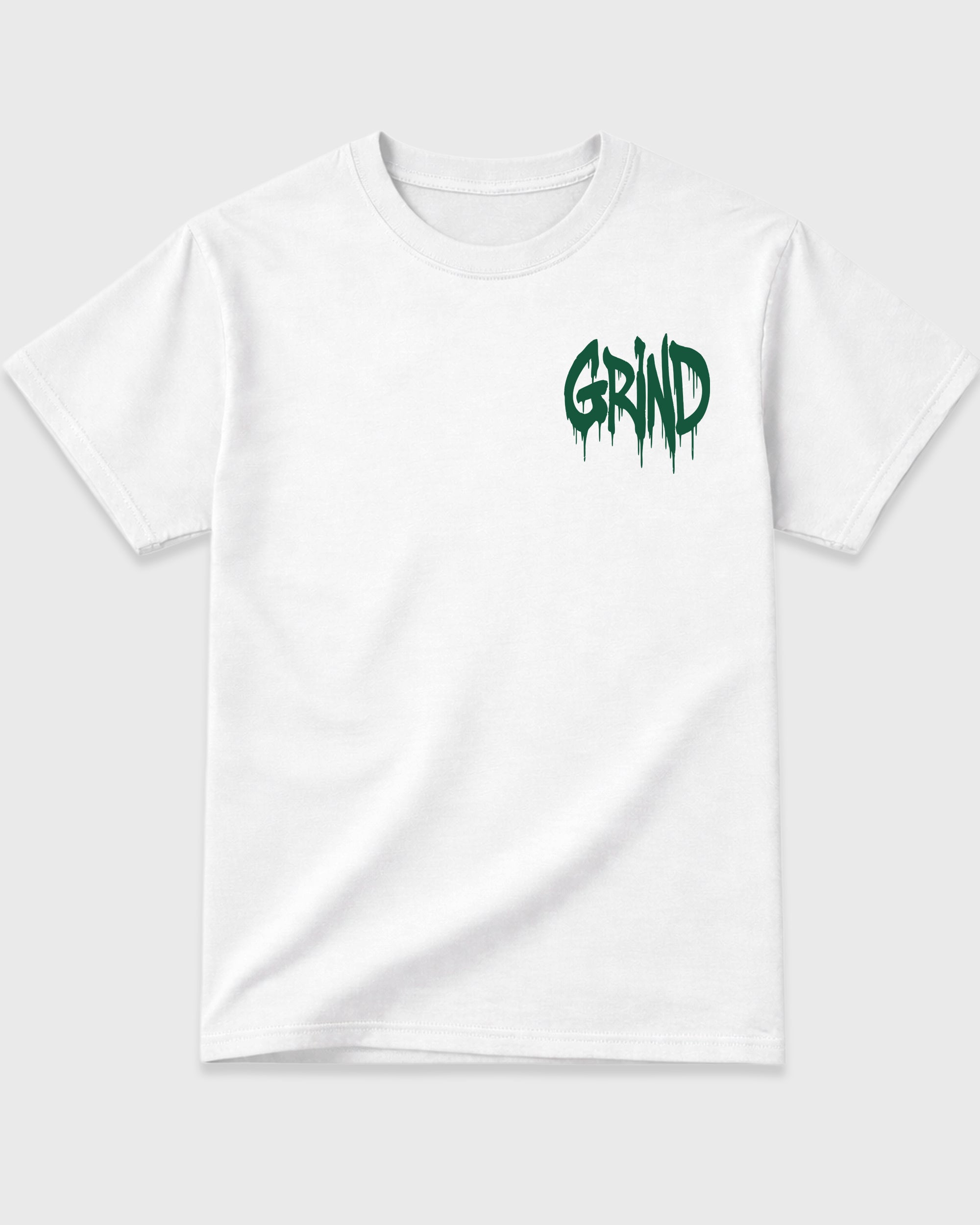 Grind Graffiti White Graphic T-Shirt - 3, sneaker matching shirt designed to pair with AJ14 Forest Green sneakers for a coordinated streetwear outfit.
