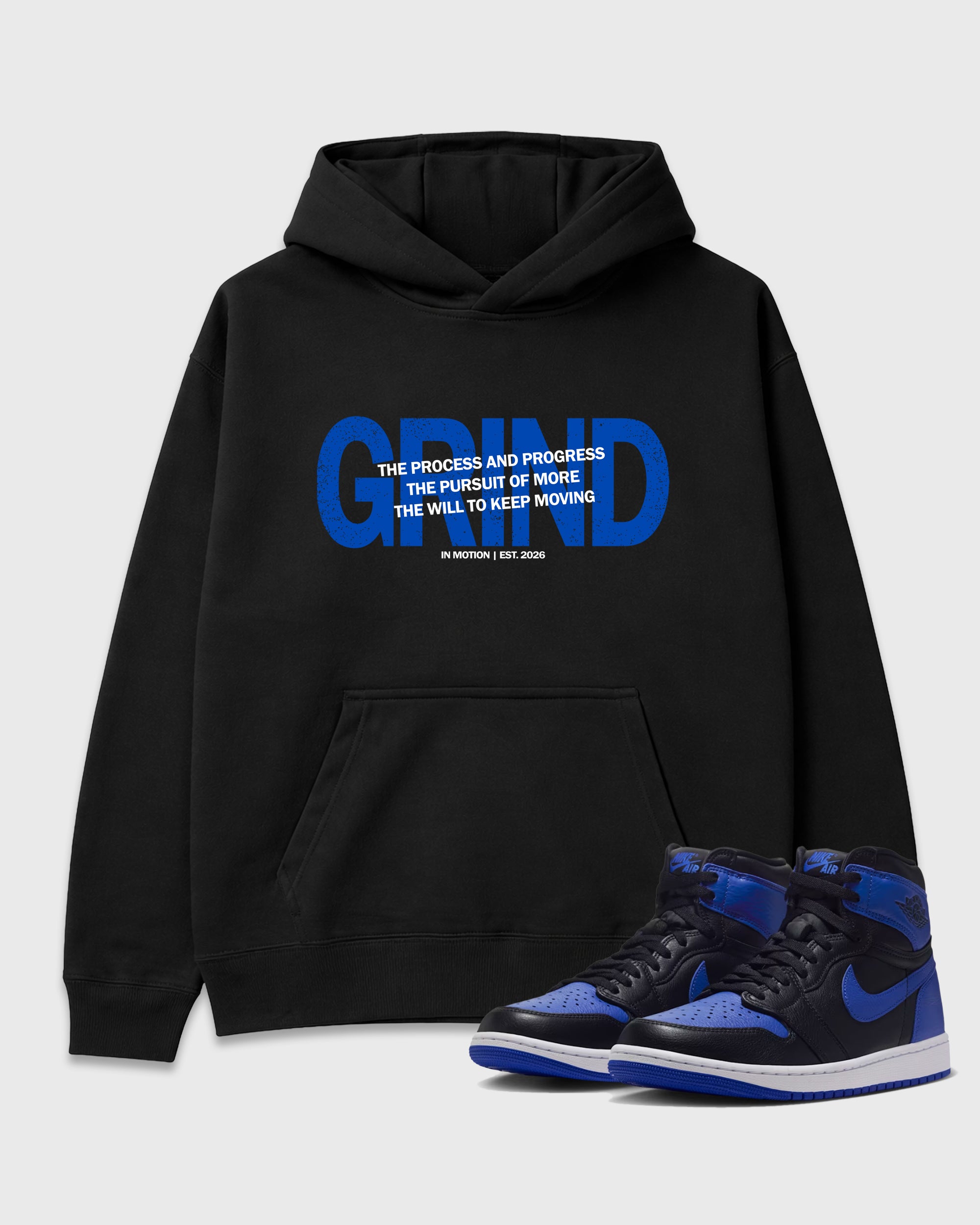Grind In Motion Graphic T-Shirt featuring original streetwear artwork designed to match the Air Jordan 1 Royal. Black 1 Graphic Tee.