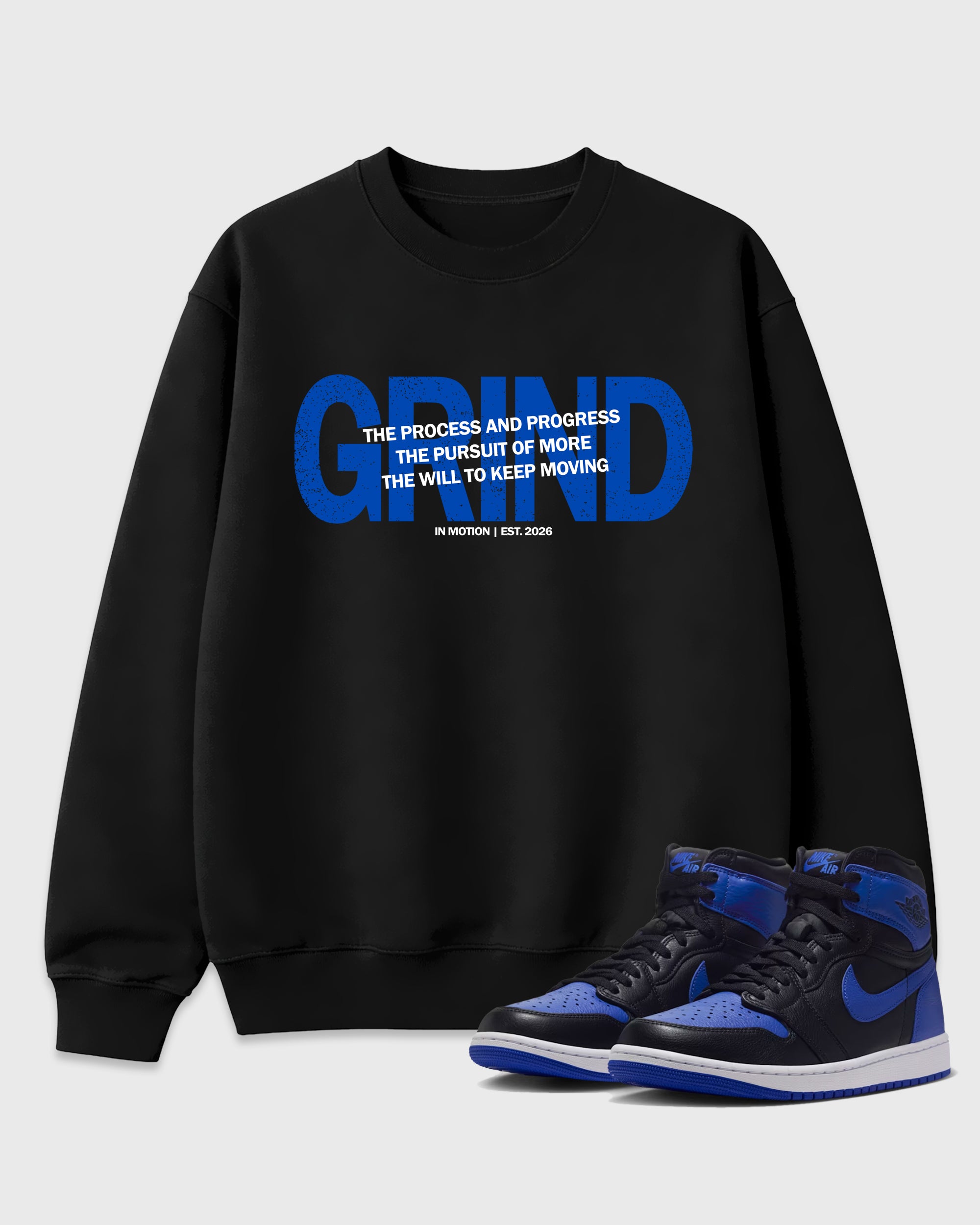 Grind In Motion Graphic T-Shirt featuring original streetwear artwork designed to match the Air Jordan 1 Royal. Black 1 Graphic Tee.