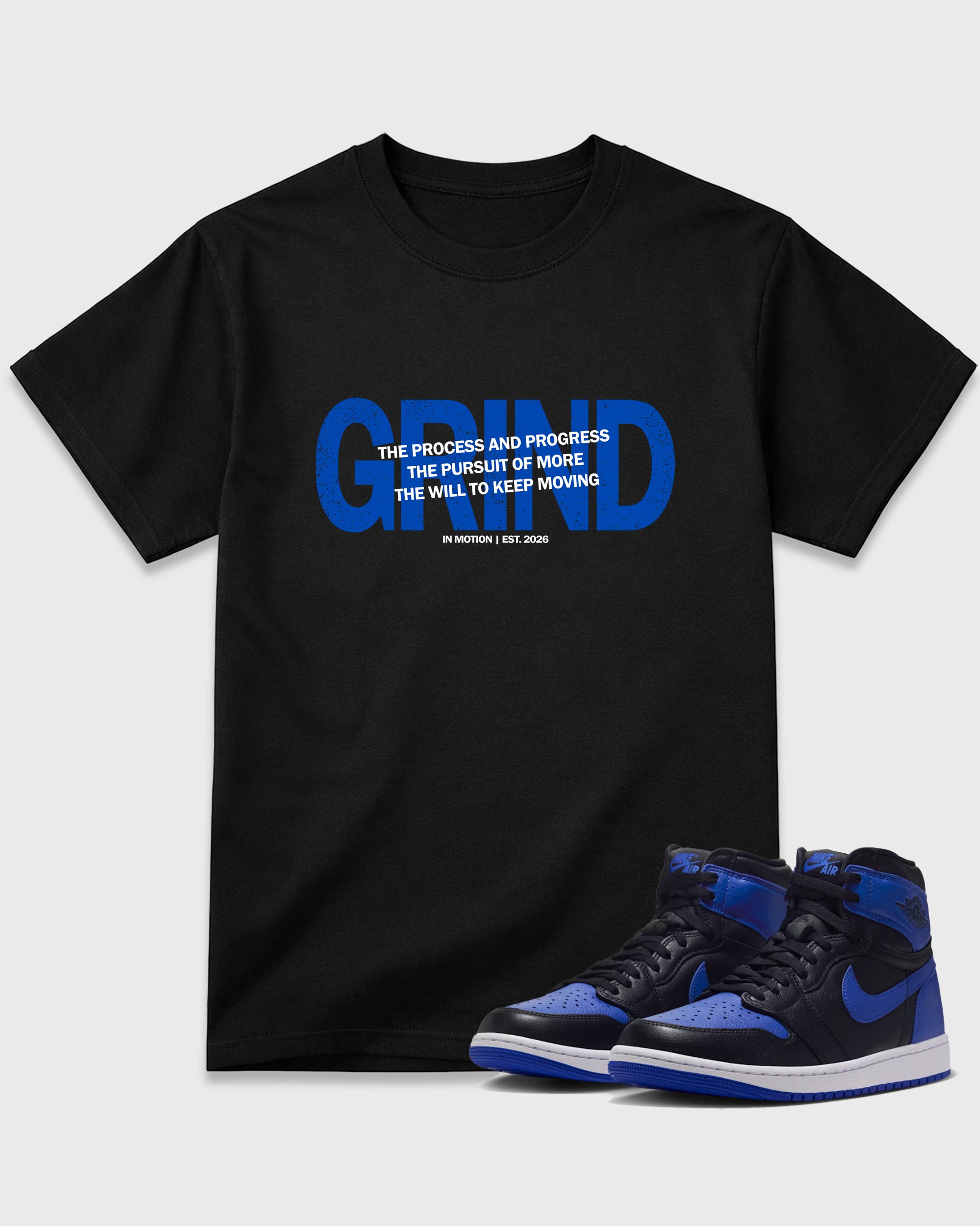 Grind In Motion Graphic T-Shirt featuring original streetwear artwork designed to match the Air Jordan 1 Royal. Black 1 Graphic T-Shirt.