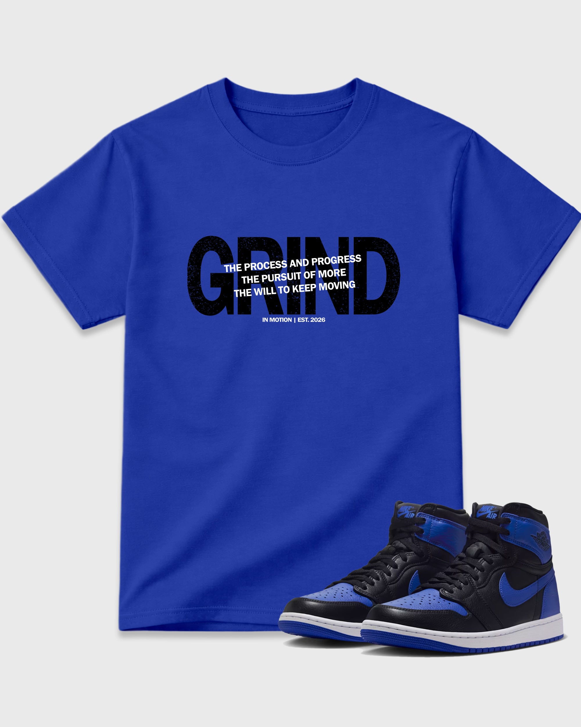 Grind In Motion Graphic T-Shirt featuring original streetwear artwork designed to match the Air Jordan 1 Royal. Royal Blue 1 Graphic T-Shirt.