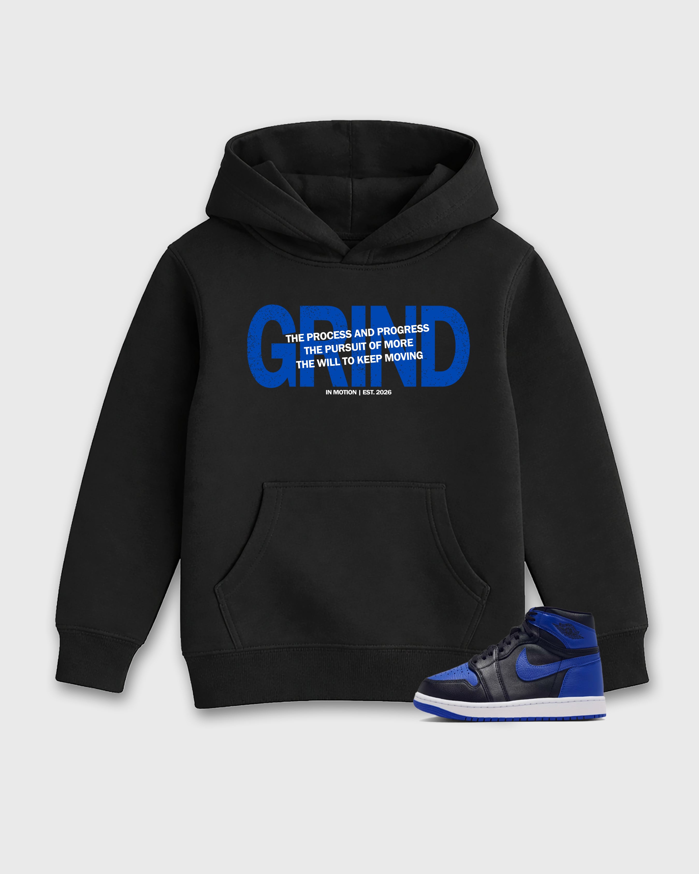 Grind In Motion Baby & Kids Graphic Hoodie featuring original artwork designed to match the Air Jordan 1 Royal. Black 1 Kids Graphic Sweater.