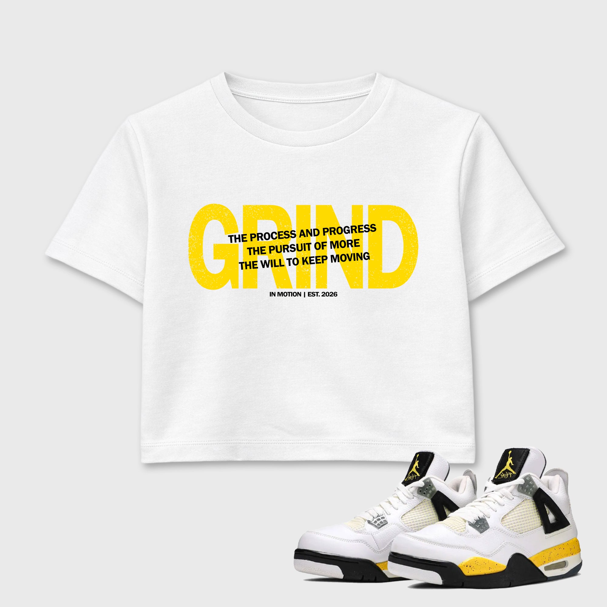 Grind In Motion women’s crop tee designed to match the Air Jordan 4 Tour Yellow, featuring coordinated White 1 options for a perfect streetwear vibe.