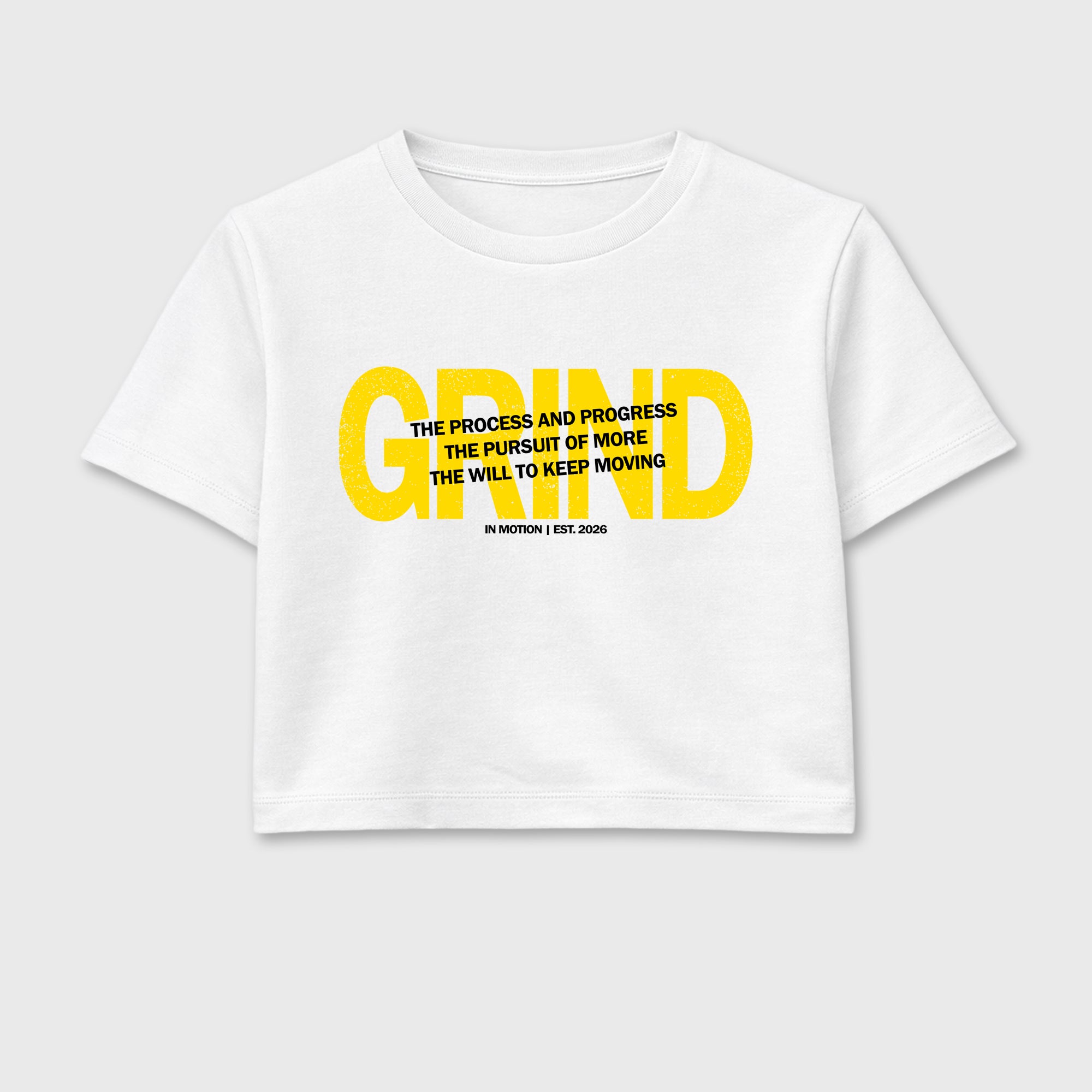 Grind In Motion women’s crop tee designed to match the Air Jordan 4 Tour Yellow, featuring coordinated White 2 options for a perfect streetwear vibe.