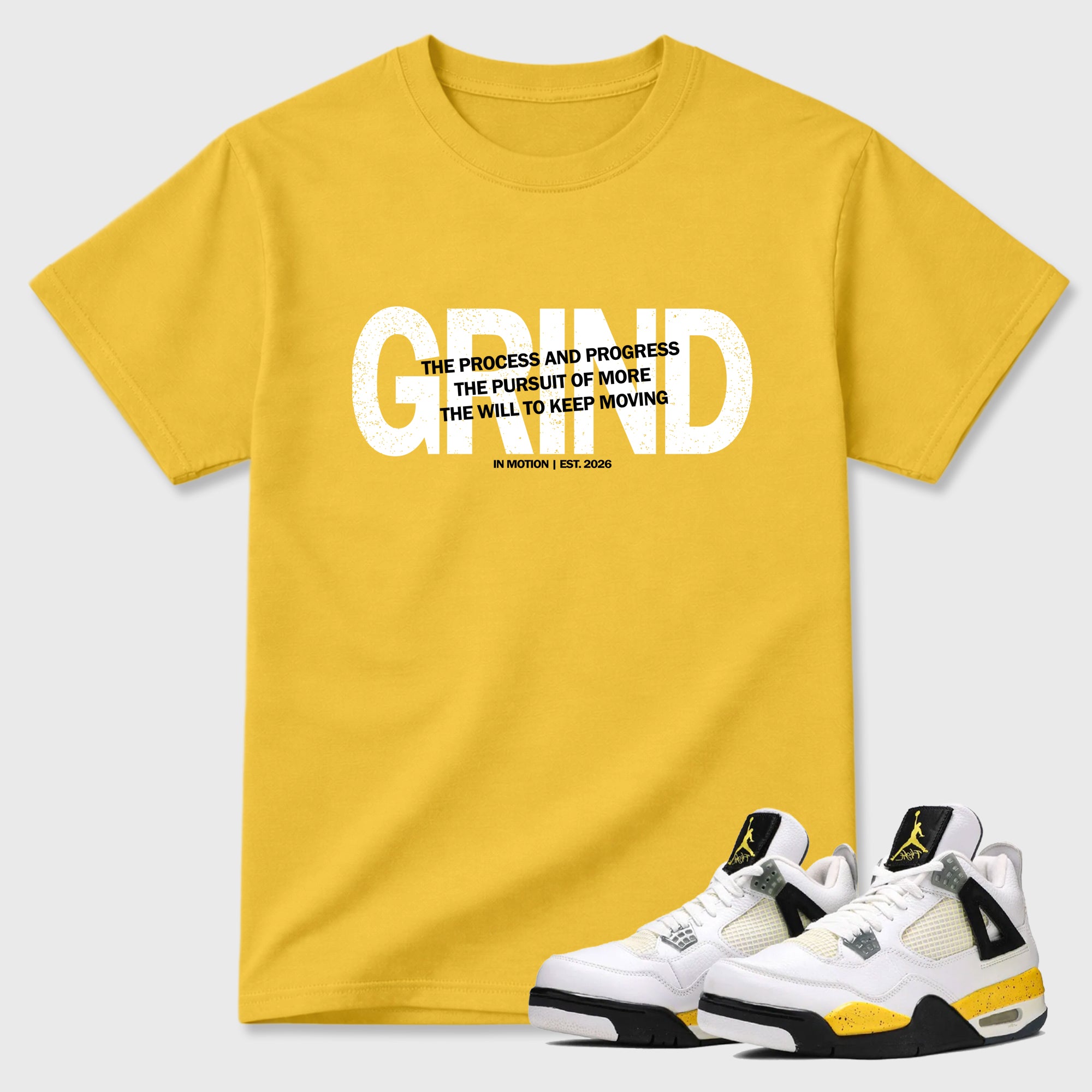 Grind In Motion Graphic T-Shirt featuring original streetwear artwork designed to match the Air Jordan 4 Tour Yellow. Daisy 1 Graphic T-Shirt.