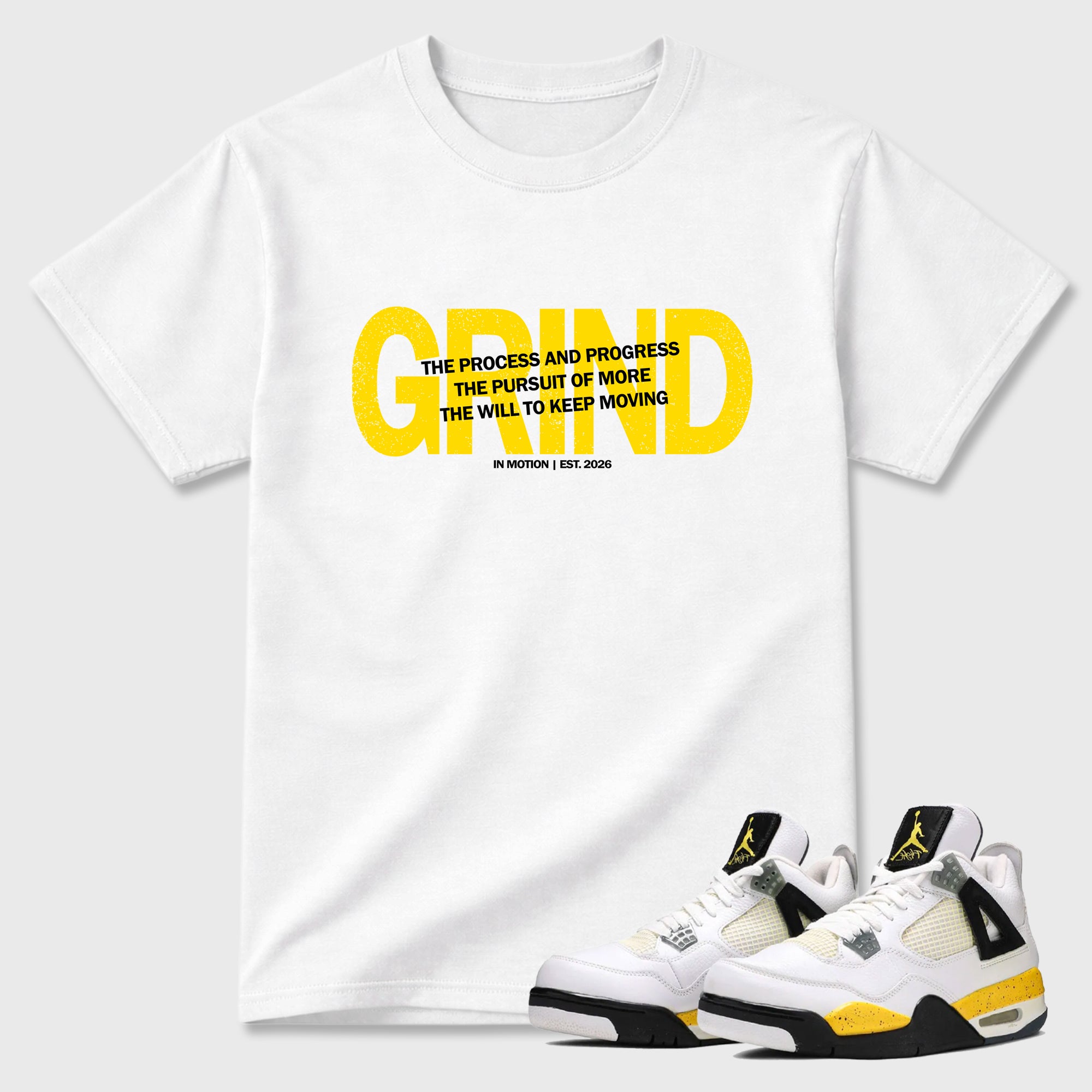 Grind In Motion Graphic T-Shirt featuring original streetwear artwork designed to match the Air Jordan 4 Tour Yellow. White 1 Graphic T-Shirt.