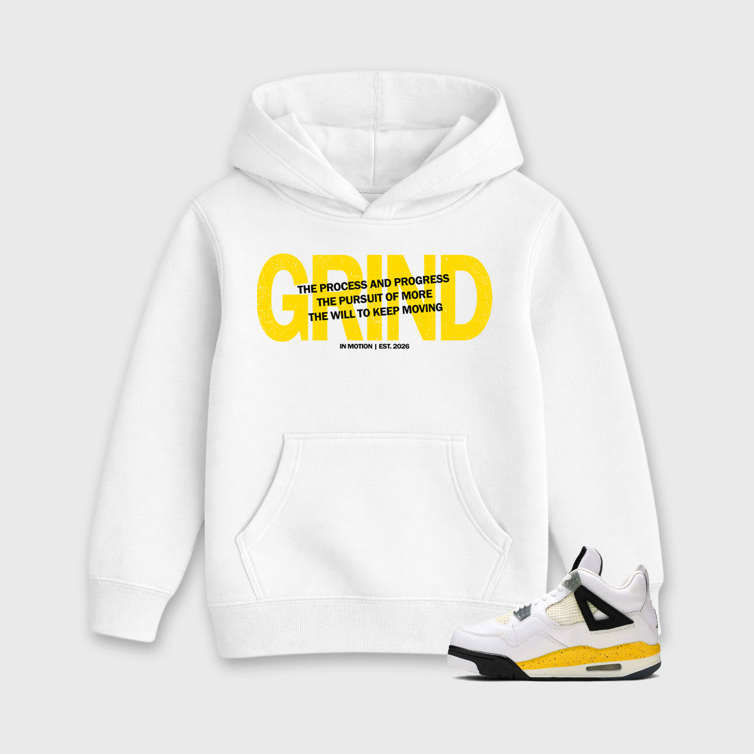 Grind In Motion Baby & Kids Graphic Hoodie featuring original artwork designed to match the Air Jordan 4 Tour Yellow. White 1 Kids Graphic Sweater.