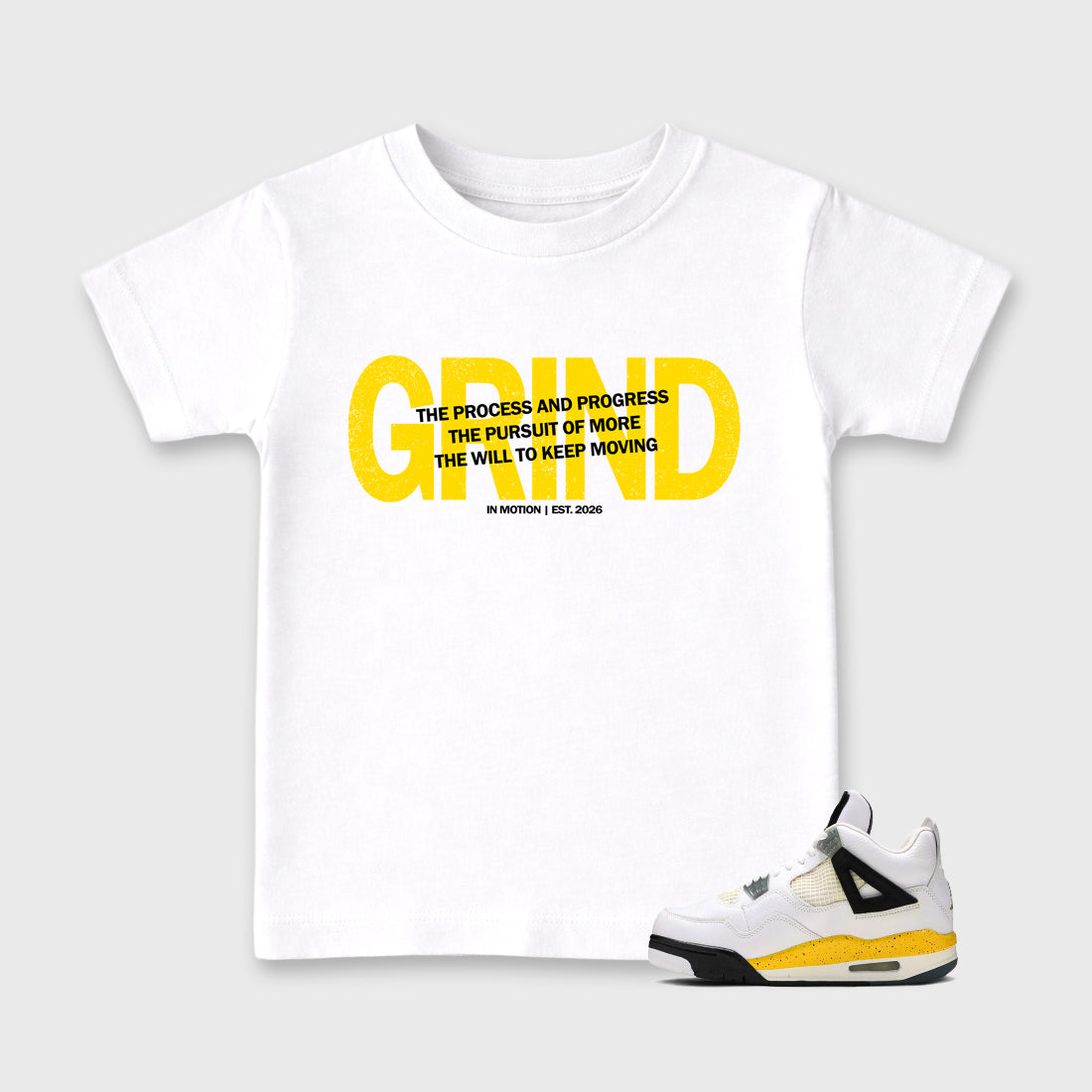 Grind In Motion Baby & Kids Graphic T-Shirt featuring original artwork designed to match the Air Jordan 4 Tour Yellow. White 1 Kids Graphic Tee.