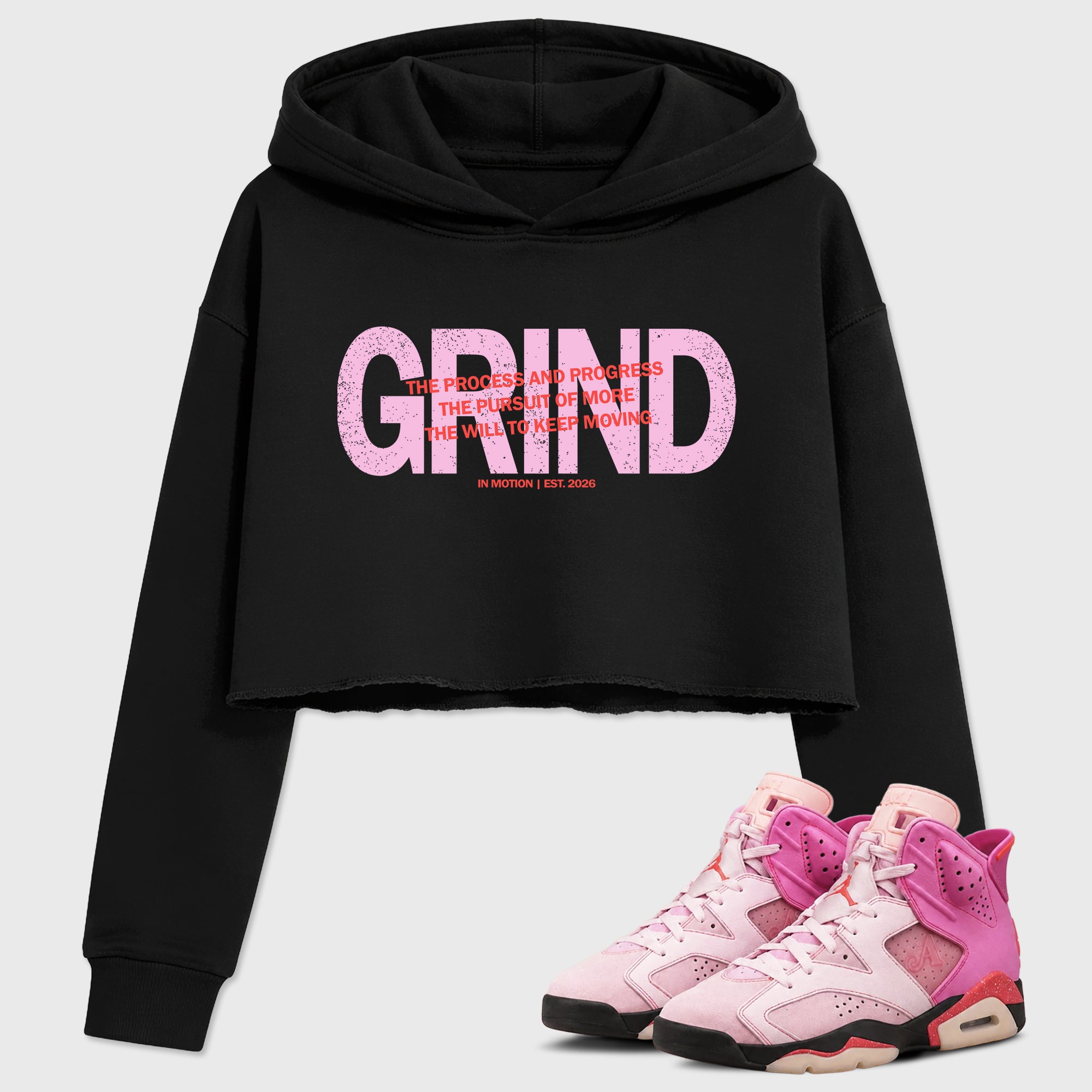 Grind In Motion Women_ Graphic Crop Tee featuring original streetwear artwork designed to match the Air Jordan 6 Playful Pink. Black 1 Crop Tee.