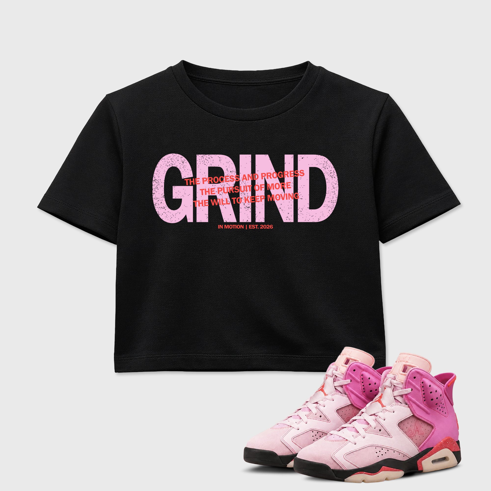 Grind In Motion women_ crop tee designed to match the Air Jordan 6 Playful Pink, featuring coordinated Black 1 options for a perfect streetwear vibe.
