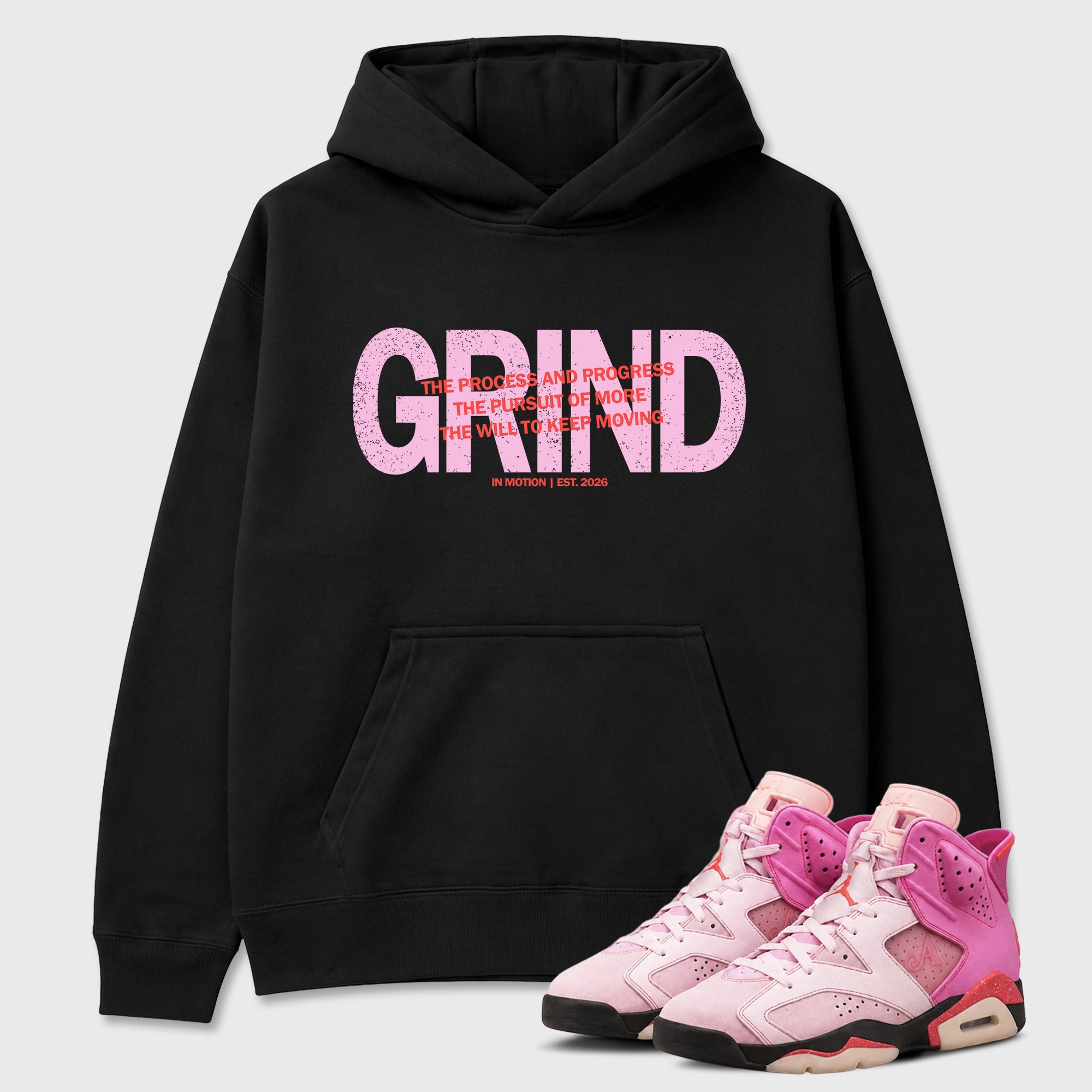 Grind In Motion Graphic T-Shirt featuring original streetwear artwork designed to match the Air Jordan 6 Playful Pink. Black 1 Graphic Tee.