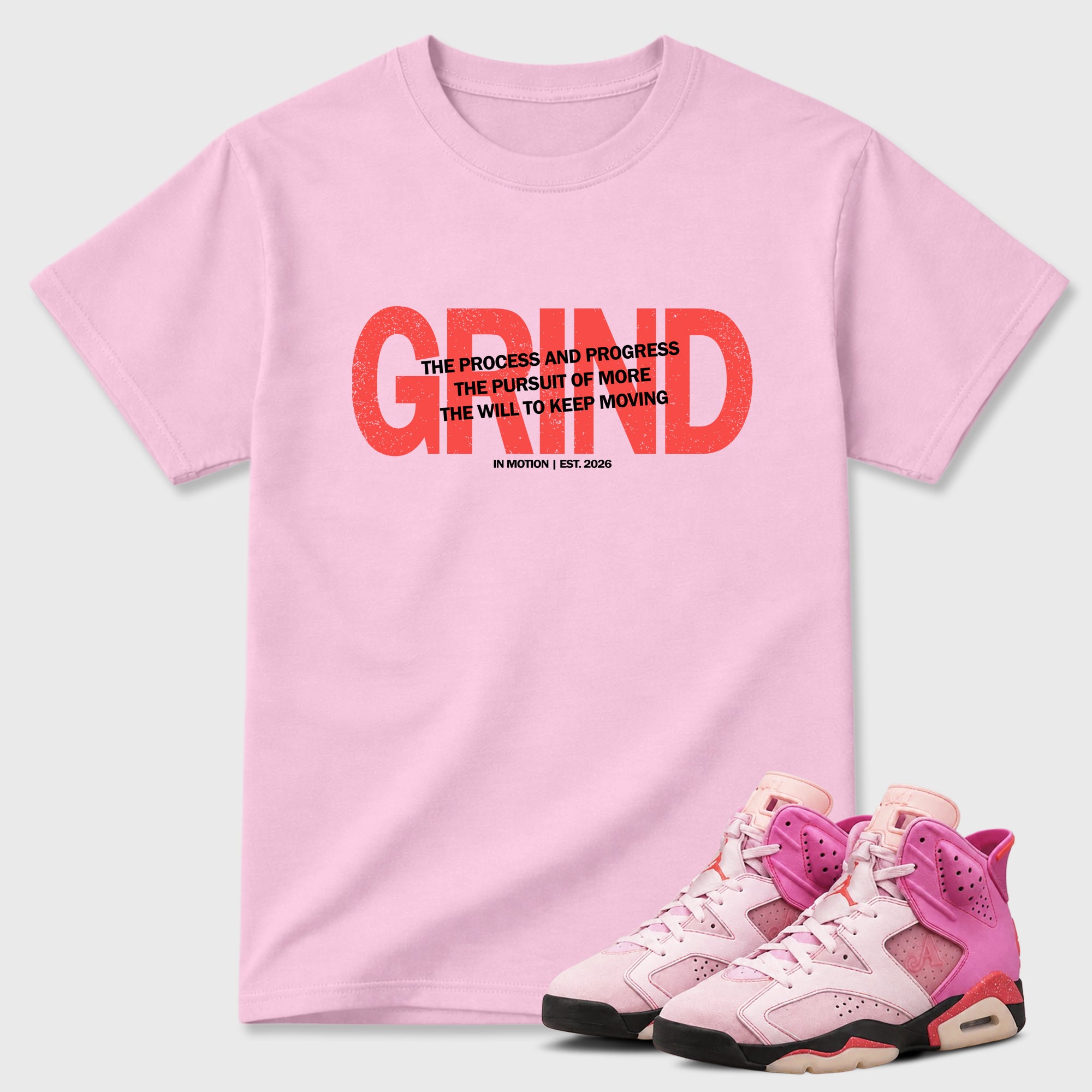 Grind In Motion Graphic T-Shirt featuring original streetwear artwork designed to match the Air Jordan 6 Playful Pink. Pink 1 Graphic T-Shirt.