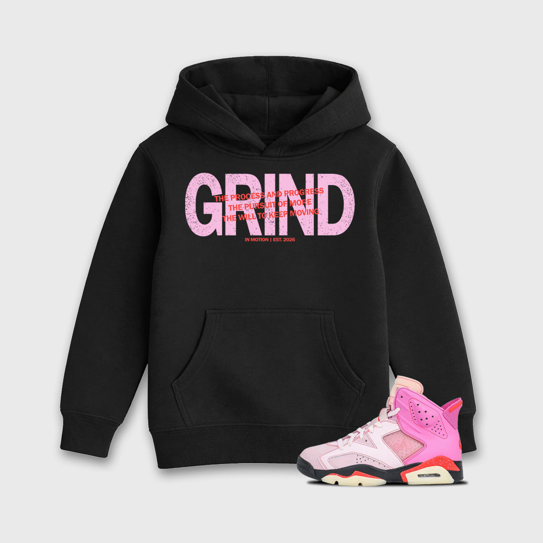 Grind In Motion Baby & Kids Graphic Hoodie featuring original artwork designed to match the Air Jordan 6 Playful Pink. Black 1 Kids Graphic Sweater.