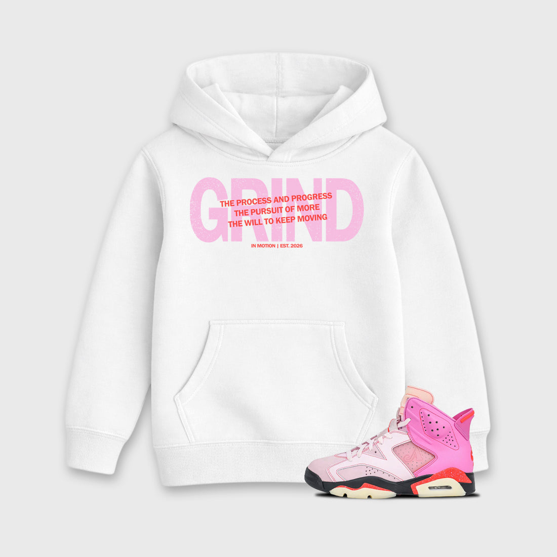 Grind In Motion Baby & Kids Graphic Hoodie featuring original artwork designed to match the Air Jordan 6 Playful Pink. White 1 Kids Graphic Sweater.