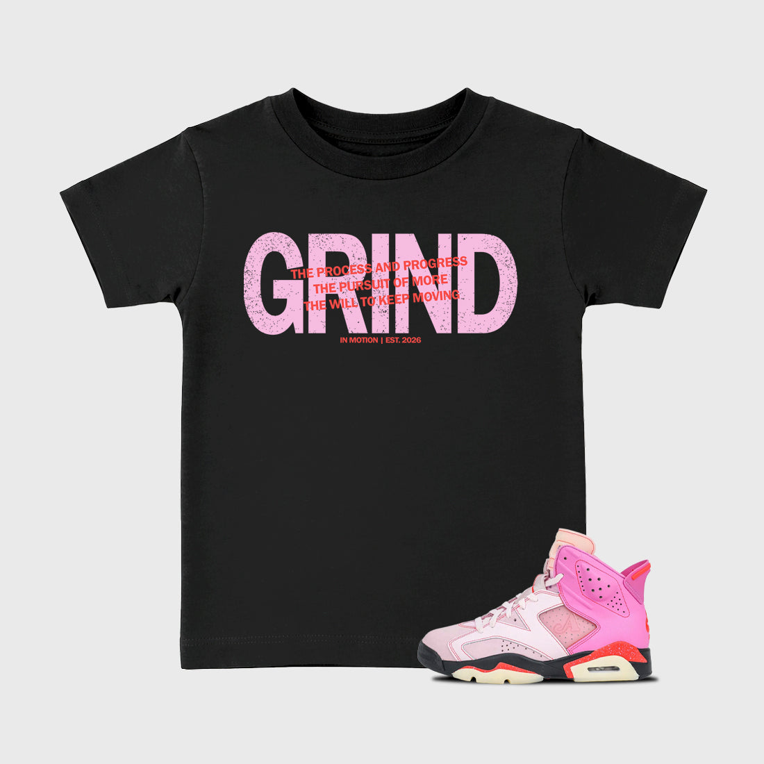 Grind In Motion Baby & Kids Graphic T-Shirt featuring original artwork designed to match the Air Jordan 6 Playful Pink. Black 1 Kids Graphic Tee.