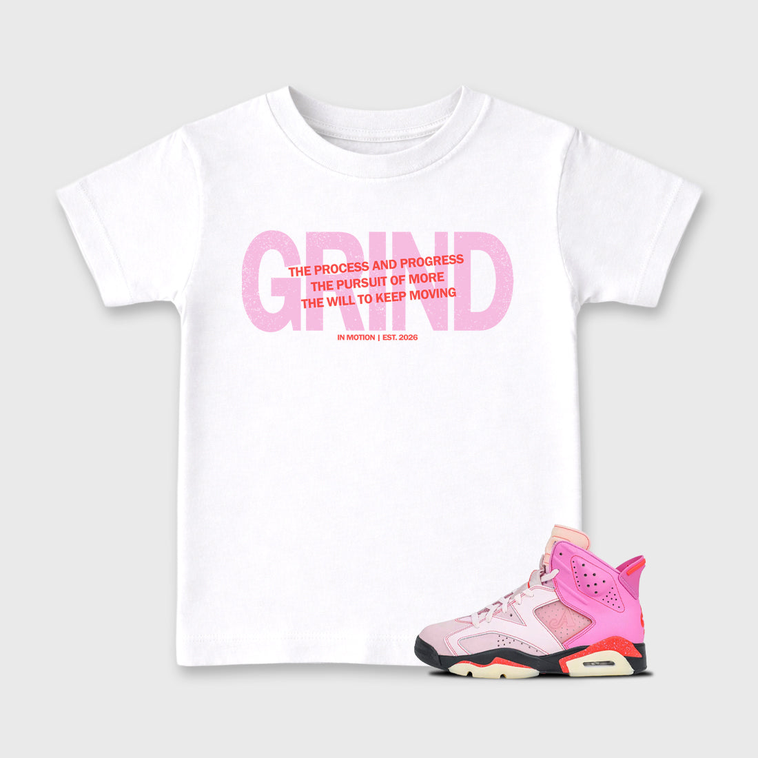 Grind In Motion Baby & Kids Graphic T-Shirt featuring original artwork designed to match the Air Jordan 6 Playful Pink. White 1 Kids Graphic Tee.