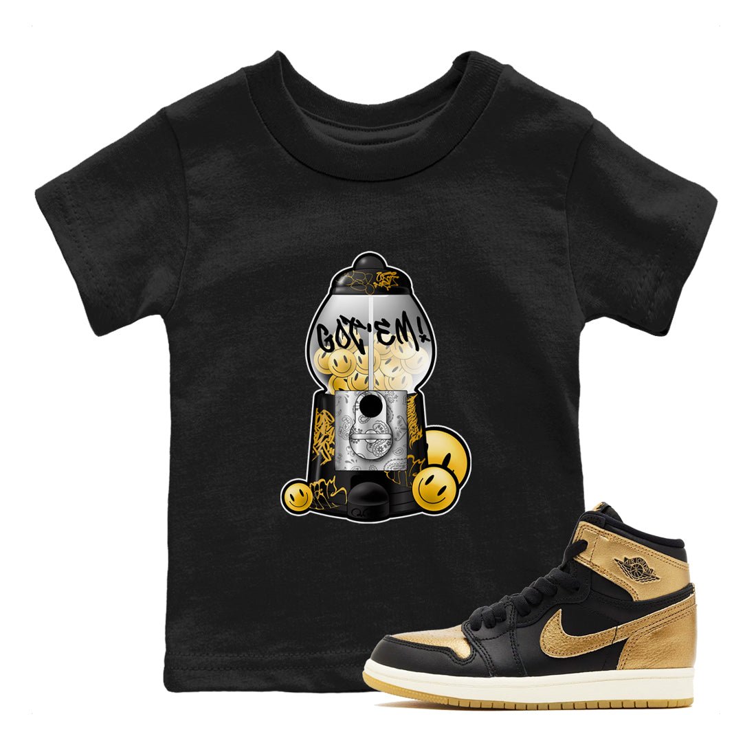 1s Black Metallic Gold shirts to match jordans Gumball Machine sneaker match tees Air Jordan 1 Black Metallic Gold SNRT Sneaker Tees streetwear brand Baby and Youth Black 1 cotton tee