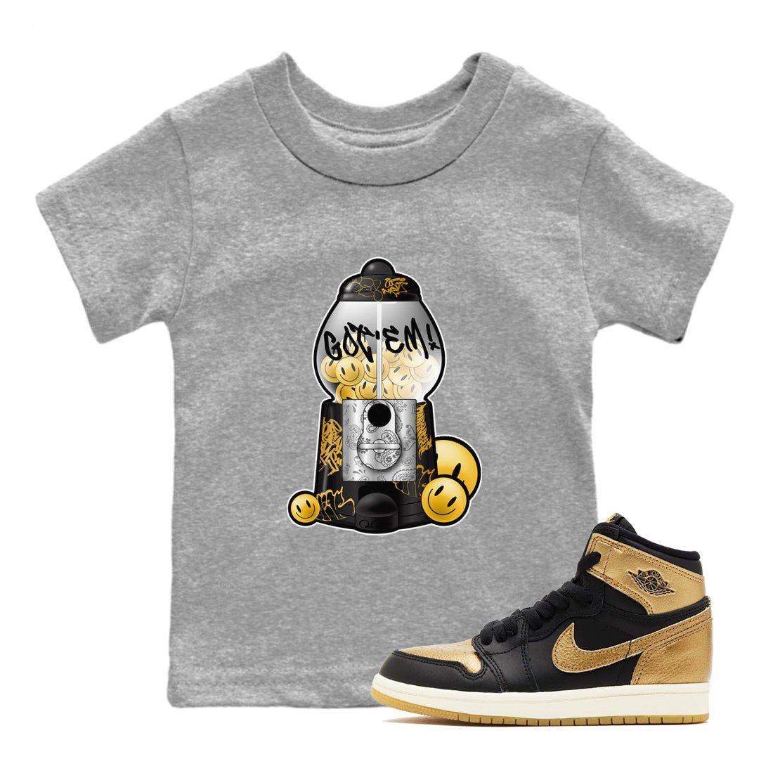 1s Black Metallic Gold shirts to match jordans Gumball Machine sneaker match tees Air Jordan 1 Black Metallic Gold SNRT Sneaker Tees streetwear brand Baby and Youth Heather Grey 1 cotton tee