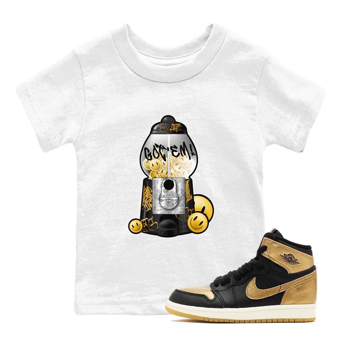 1s Black Metallic Gold shirts to match jordans Gumball Machine sneaker match tees Air Jordan 1 Black Metallic Gold SNRT Sneaker Tees streetwear brand Baby and Youth White 1 cotton tee