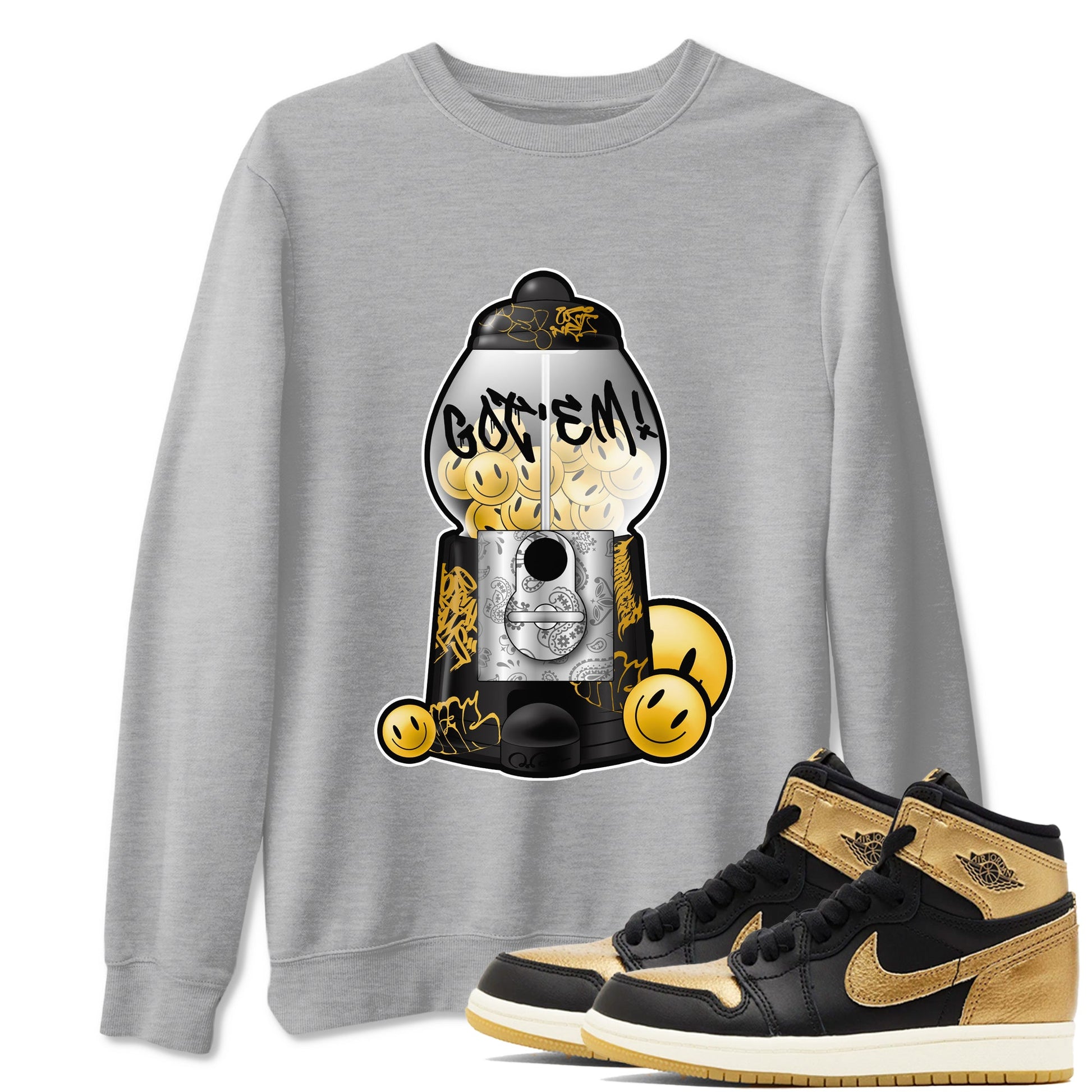 1s Black Metallic Gold shirts to match jordans Gumball Machine sneaker match tees Air Jordan 1 Black Metallic Gold SNRT Sneaker Tees streetwear brand Heather Grey 1 unisex cotton tee
