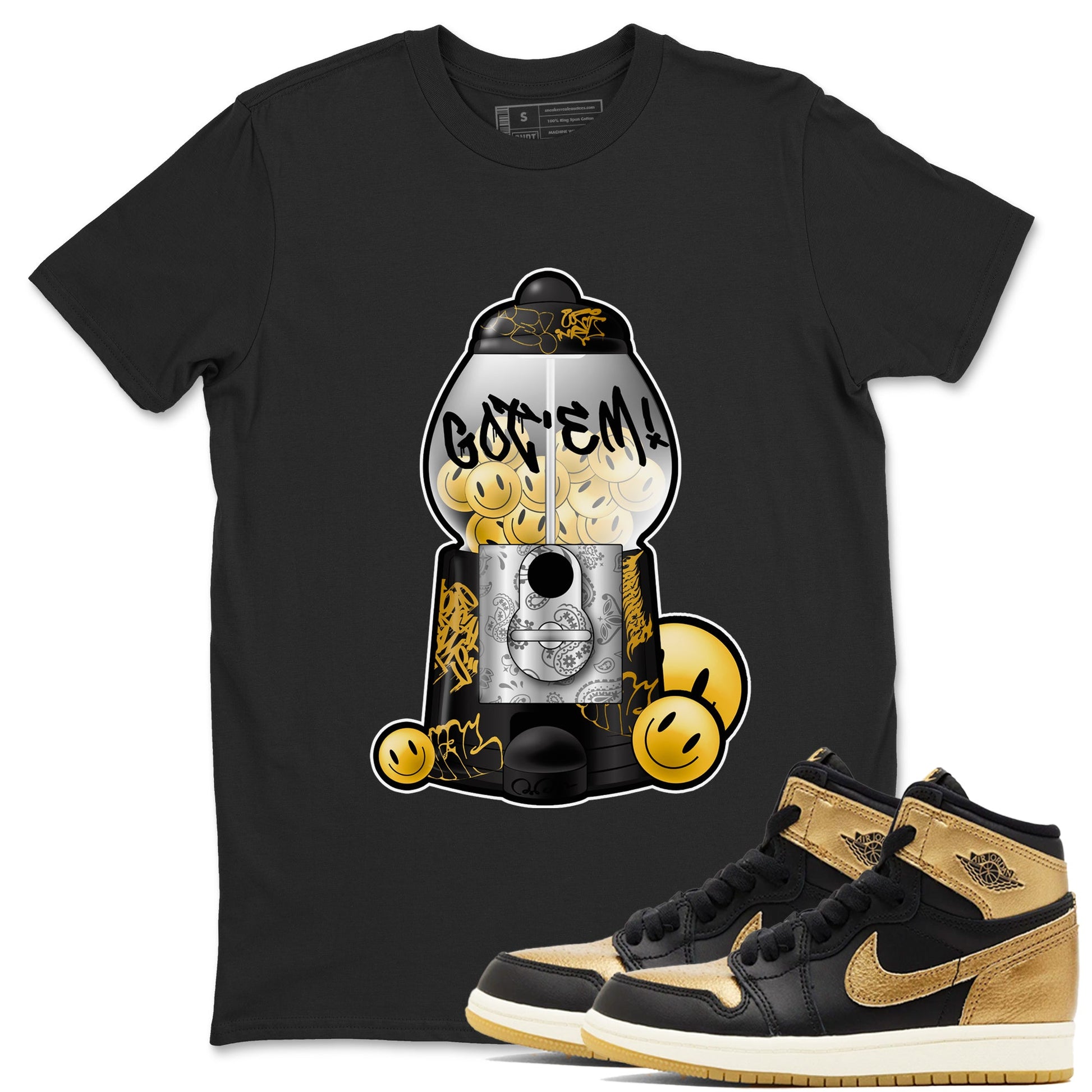 1s Black Metallic Gold shirts to match jordans Gumball Machine sneaker match tees Air Jordan 1 Black Metallic Gold SNRT Sneaker Tees streetwear brand Black 1 unisex cotton tee