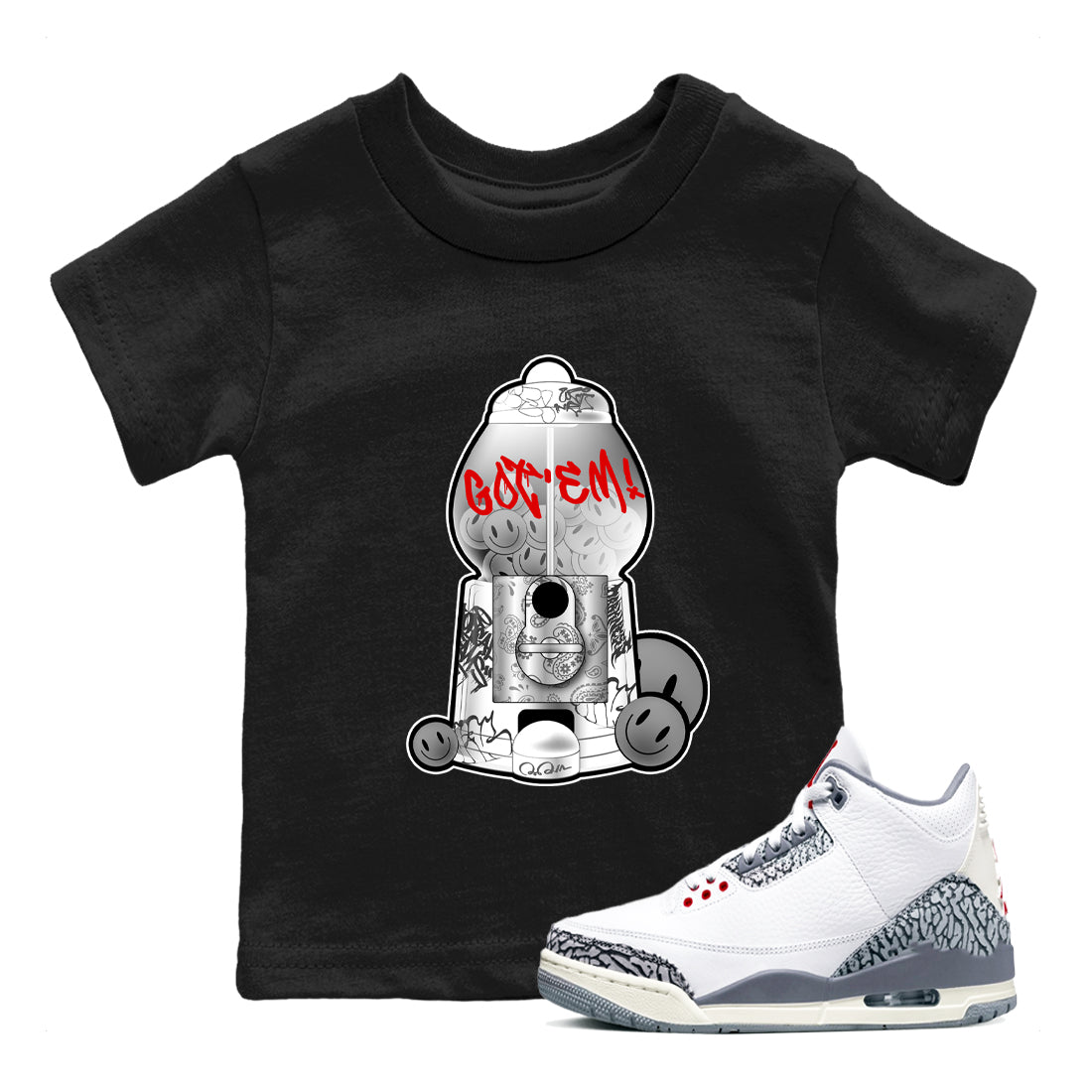 3s Cement Grey shirts to match jordans Gumball Machine sneaker match tees Air Jordan 3 Cement Grey SNRT Sneaker Release Tees Youth Baby Black 1 crew neck shirts