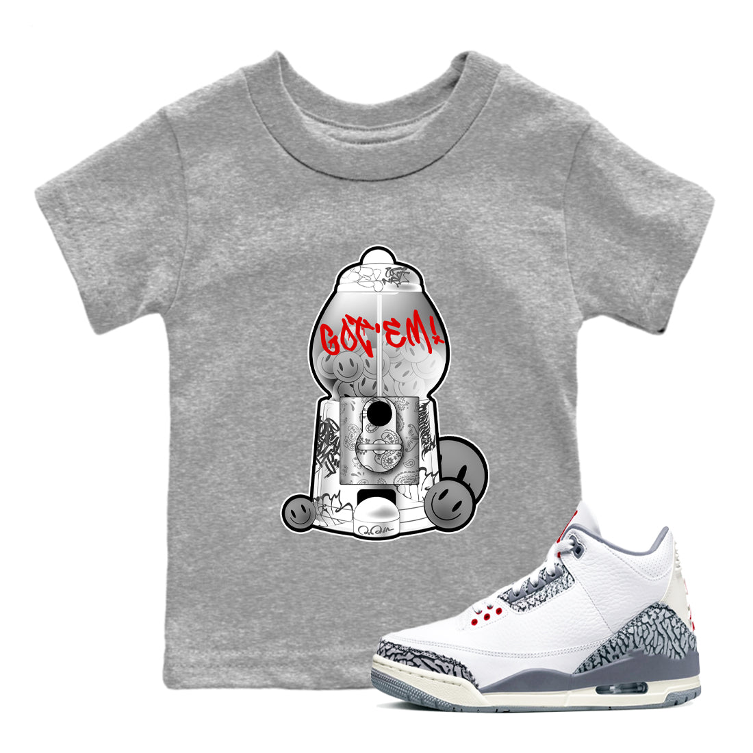 3s Cement Grey shirts to match jordans Gumball Machine sneaker match tees Air Jordan 3 Cement Grey SNRT Sneaker Release Tees Youth Baby Heather Grey 1 crew neck shirts