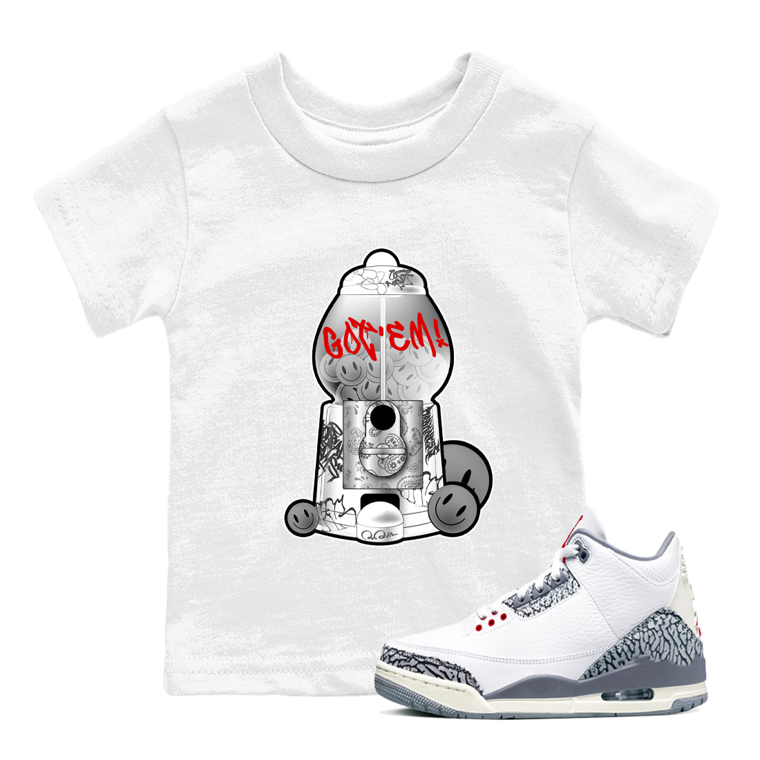 3s Cement Grey shirts to match jordans Gumball Machine sneaker match tees Air Jordan 3 Cement Grey SNRT Sneaker Release Tees Youth Baby White 1 crew neck shirts