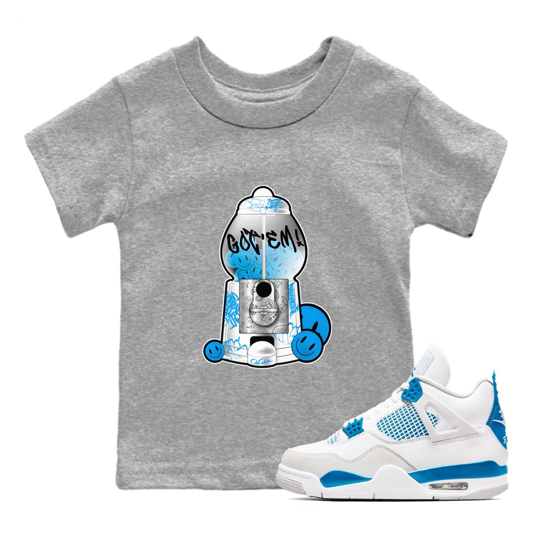 Air Jordan 4 Industrial Blue shirt to match jordans Gumball Machine sneaker tees Air Jordan 4 Military Blue SNRT sneaker release tees baby toddler Heather Grey 1 cotton Shirt