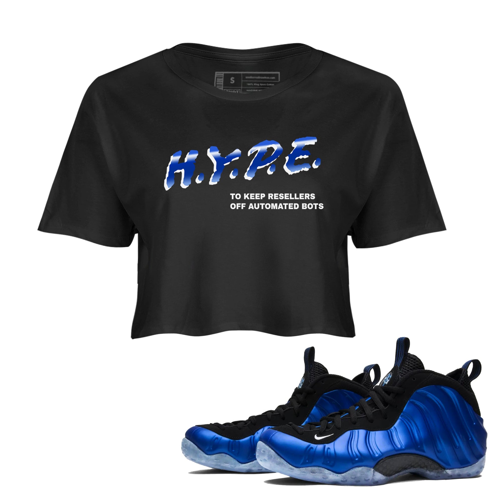 Air Foamposite One Royal shirts to match jordans H.Y.P.E sneaker match tees Foams One Royal match shoes to clothes SNRT Sneaker Tees unisex cotton Black 1 crop tee