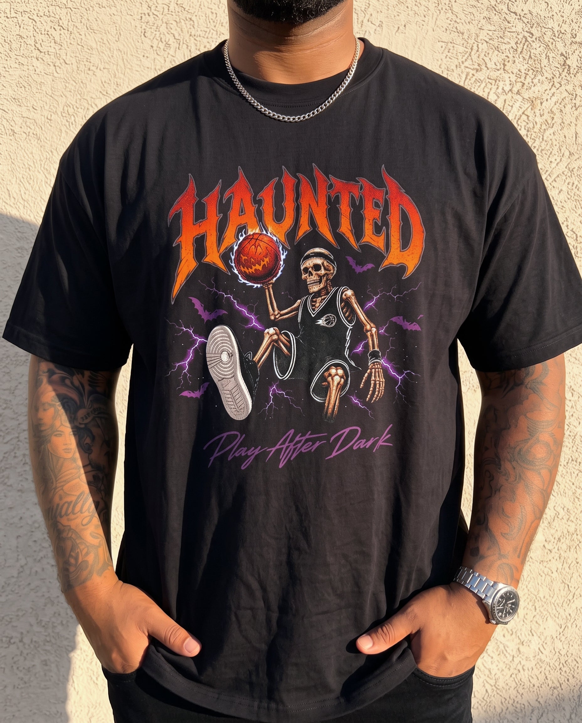 halloween haunted hoops skull graphic tee