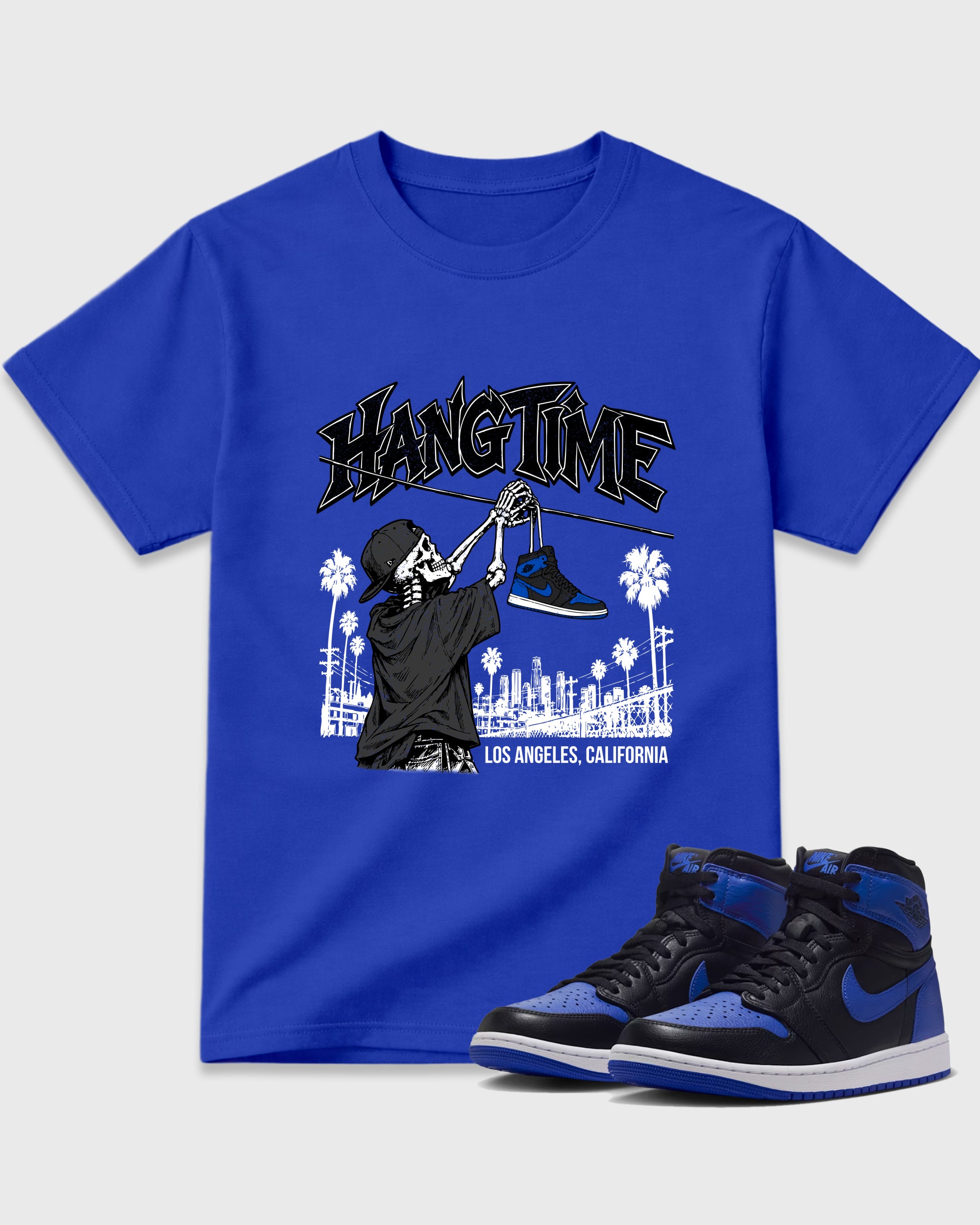 Hang Time Graphic T-Shirt featuring original streetwear artwork designed to match the Air Jordan 1 High OG 'Royal'. Royal Blue 1 Graphic T-Shirt.