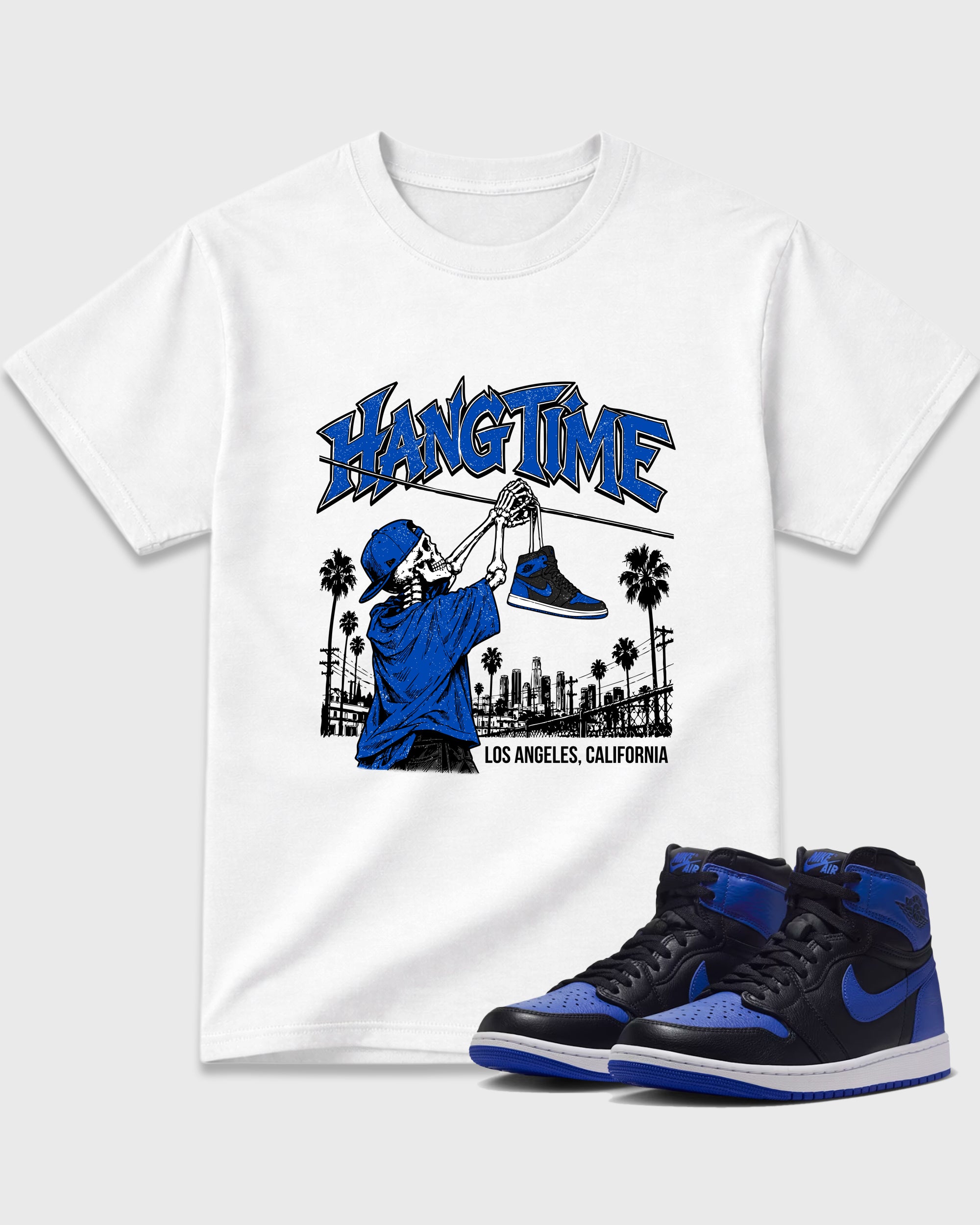 Hang Time Graphic T-Shirt featuring original streetwear artwork designed to match the Air Jordan 1 High OG 'Royal'. White 1 Graphic T-Shirt.