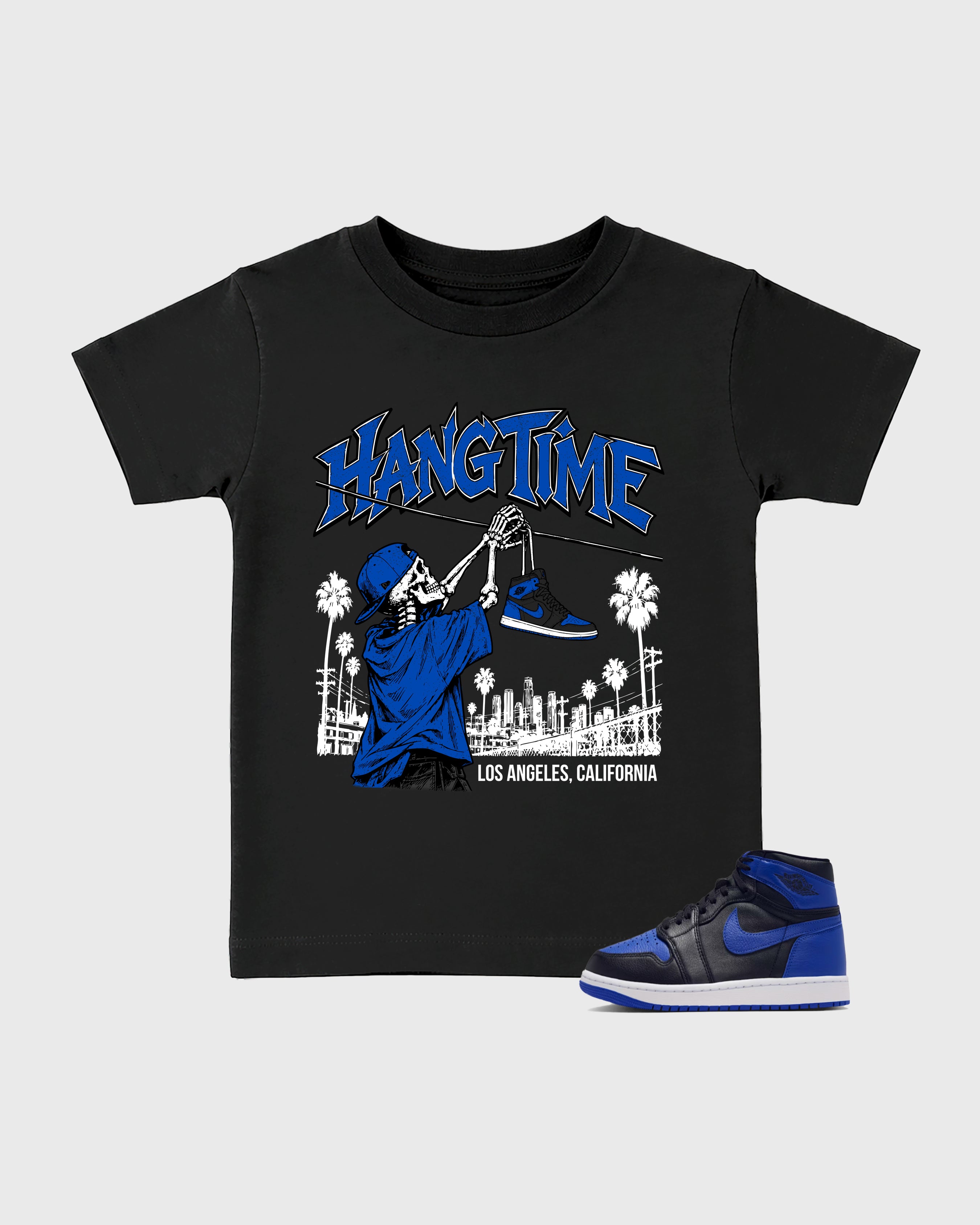Hang Time Baby & Kids Graphic T-Shirt featuring original artwork designed to match the Air Jordan 1 High OG 'Royal'. Black 1 Kids Graphic Tee.