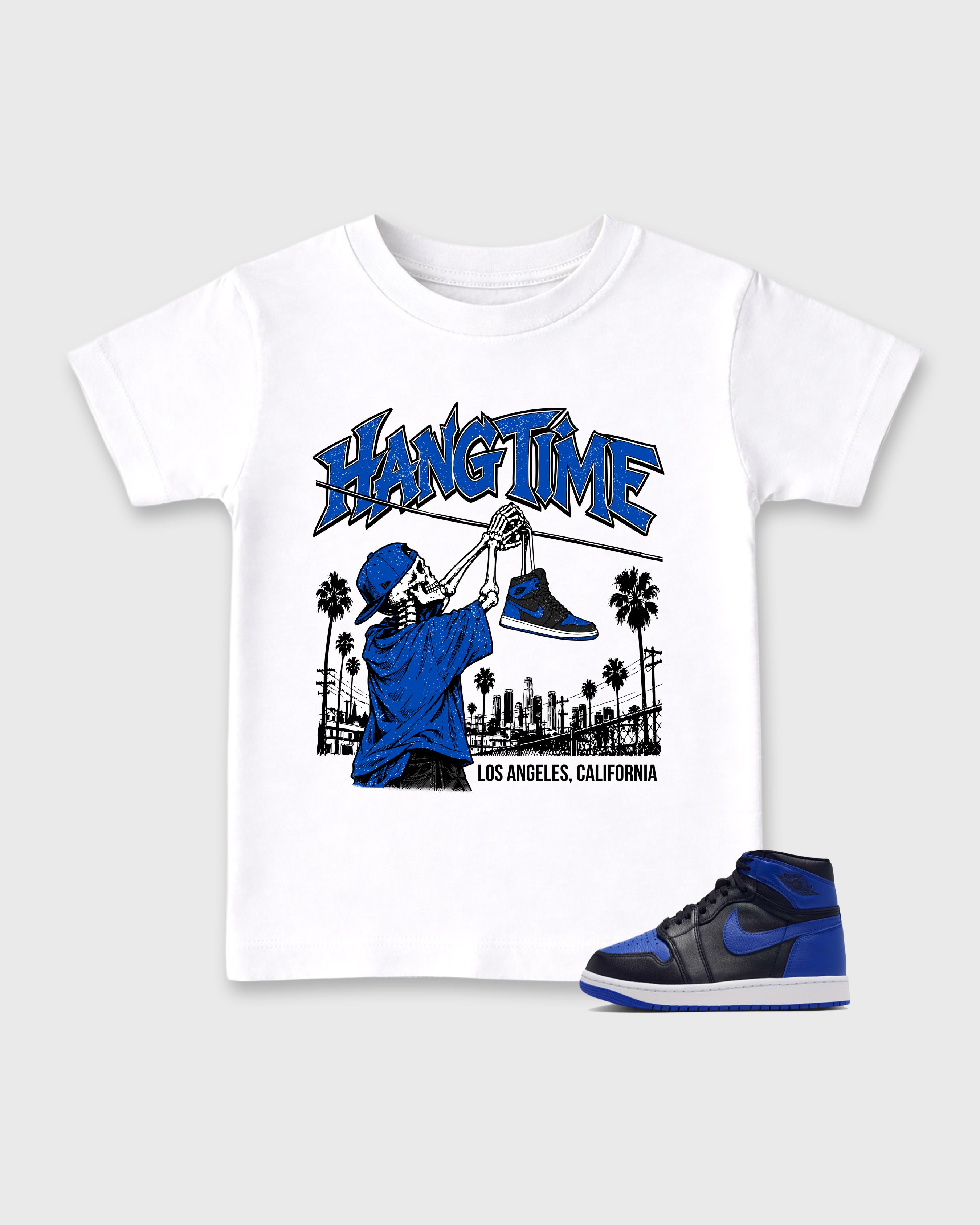 Hang Time Baby & Kids Graphic T-Shirt featuring original artwork designed to match the Air Jordan 1 High OG 'Royal'. White 1 Kids Graphic Tee.