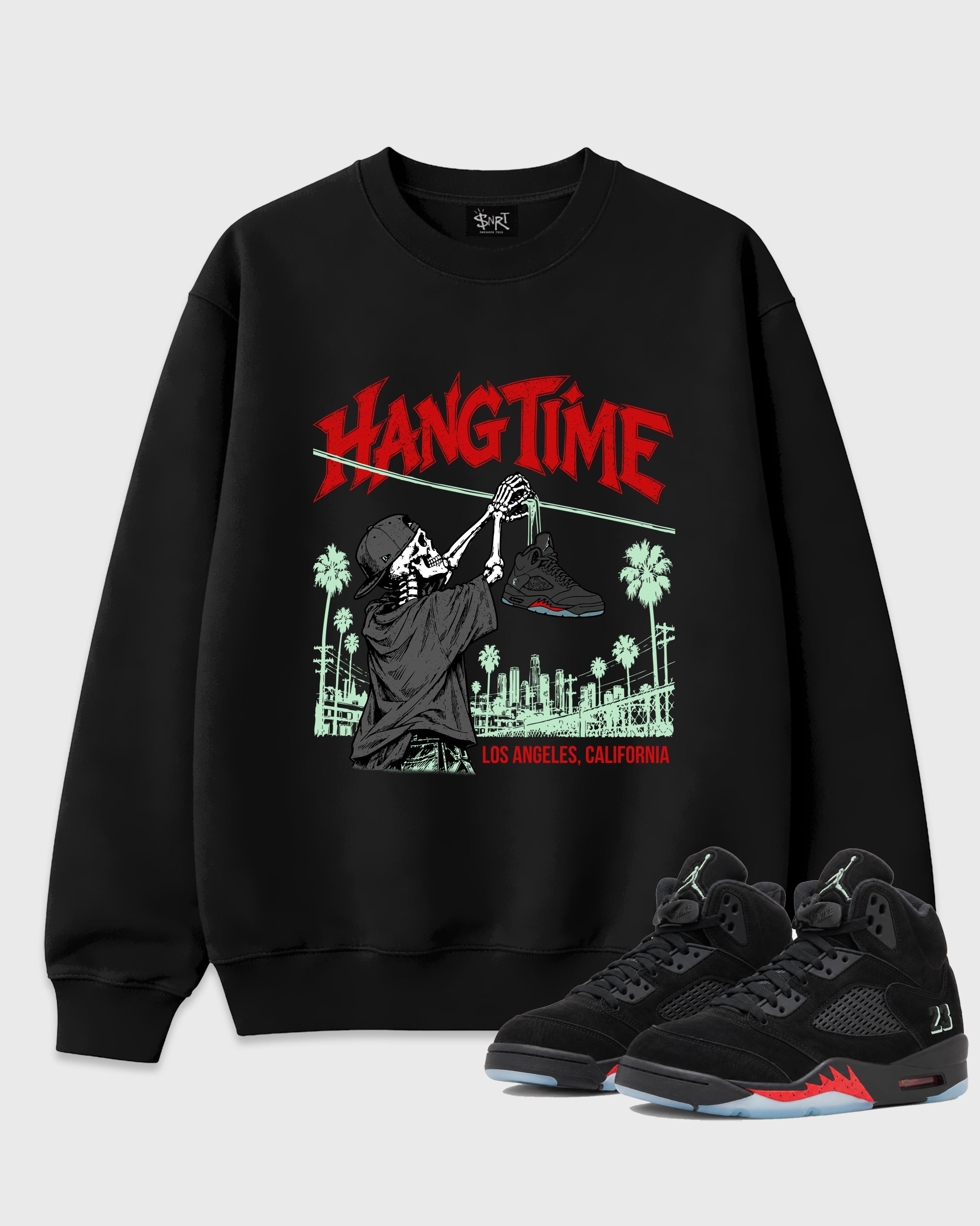 Hang Time Graphic T-Shirt featuring original streetwear artwork designed to match the Air Jordan 5 Halloween. Black 1 Graphic Tee.