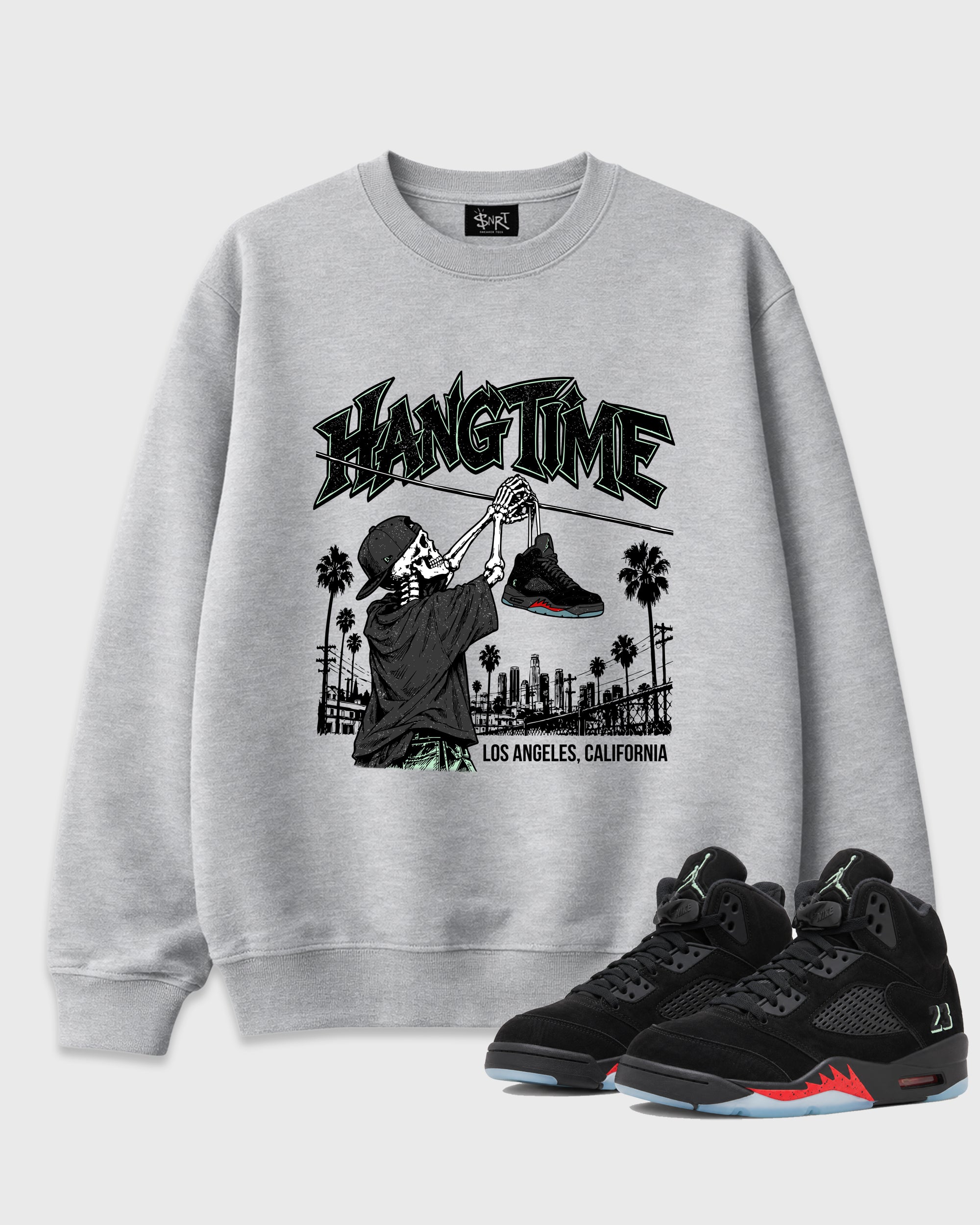 Hang Time Graphic T-Shirt featuring original streetwear artwork designed to match the Air Jordan 5 Halloween. Heather Grey 1 Graphic Tee.